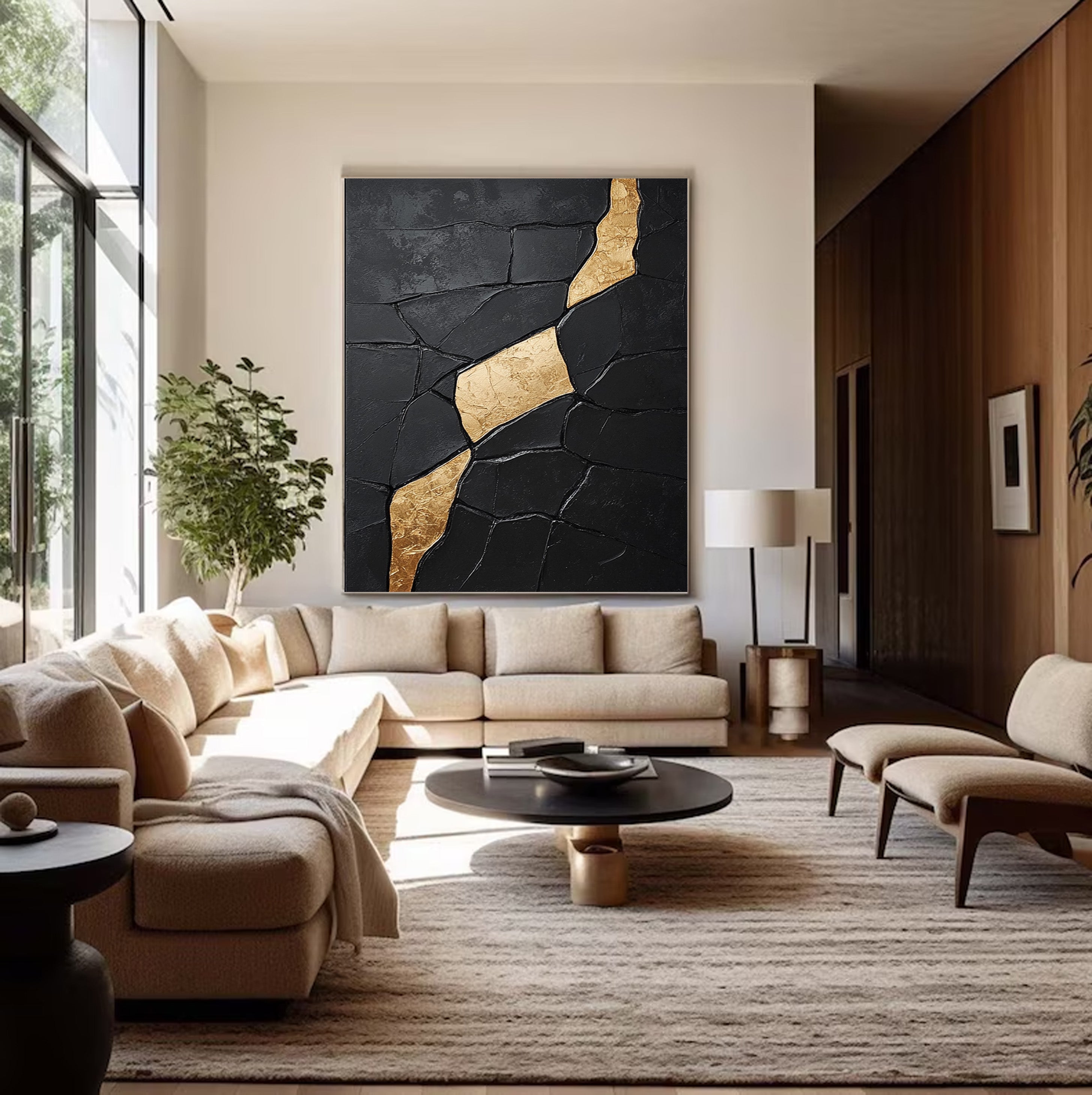 Contemporary Black Impasto with Diagonal Flowing Organic Gold #BGA 274