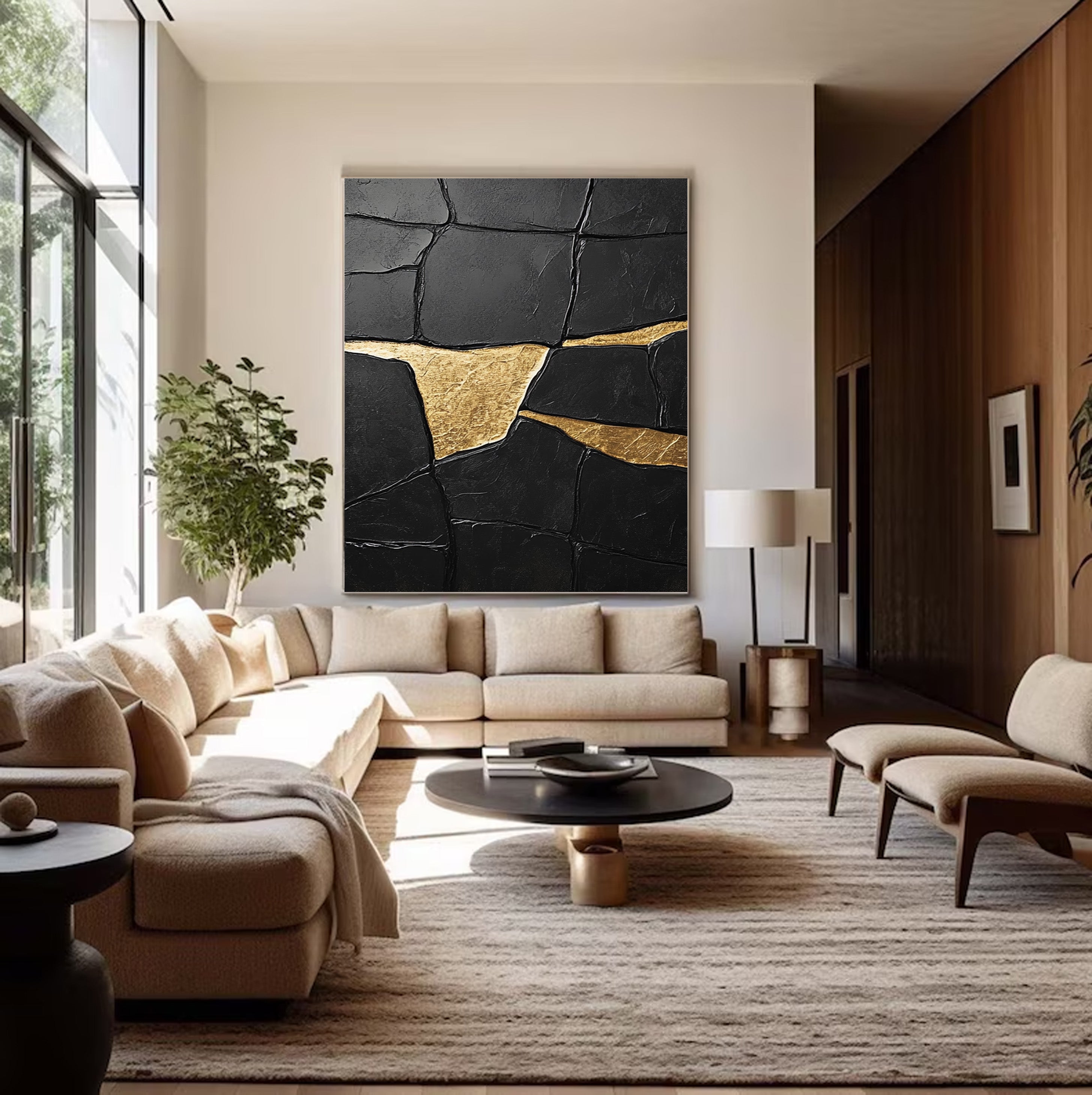 Black Impasto Art with Bold Golden Fractures, Textured Abstract #BGA 267