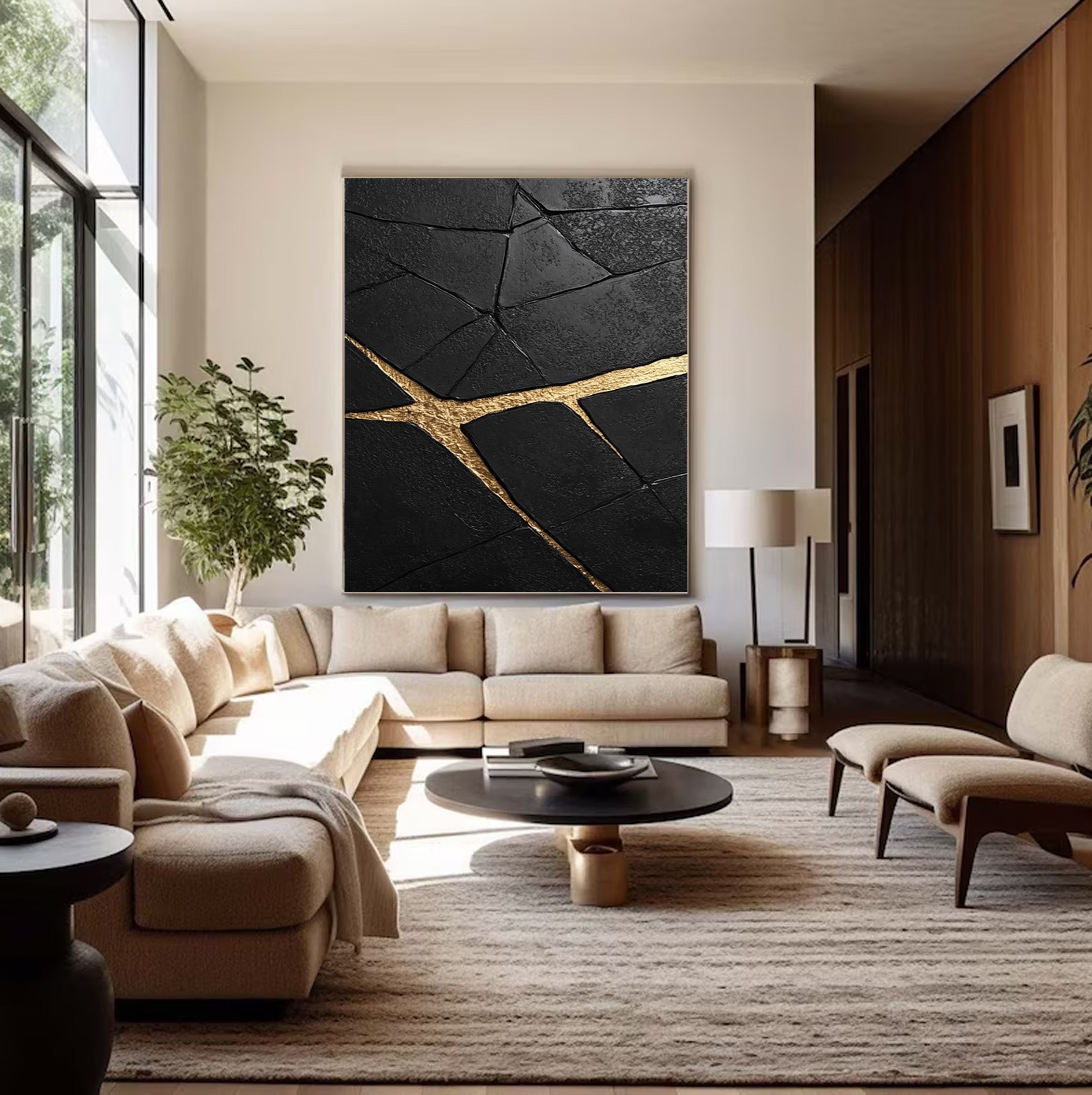 Contemporary Black Impasto Painting with Striking Gold Inlays #BGA 264