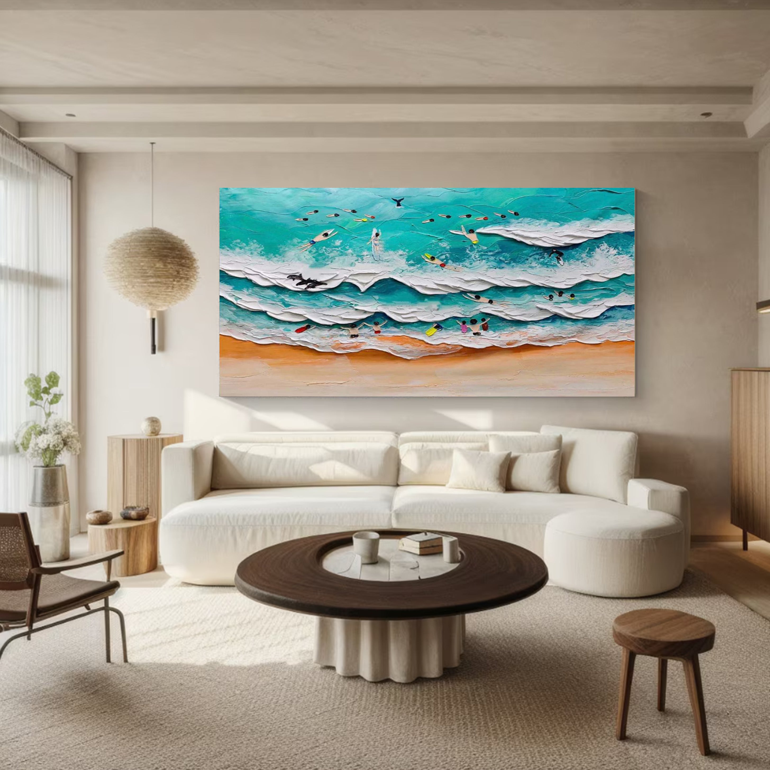 Colorful Beach with Surfers, Tactile Ocean Wall Art #BGA 235