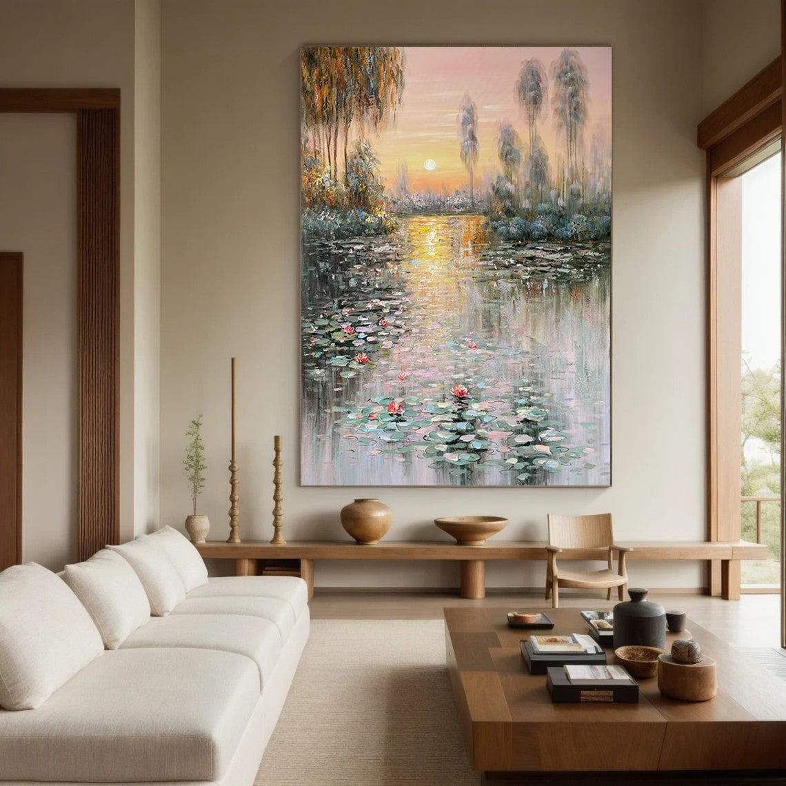 Sunset Bloom: Impressionistic Lily Pond, Vibrant Landscape Art #BGA 181