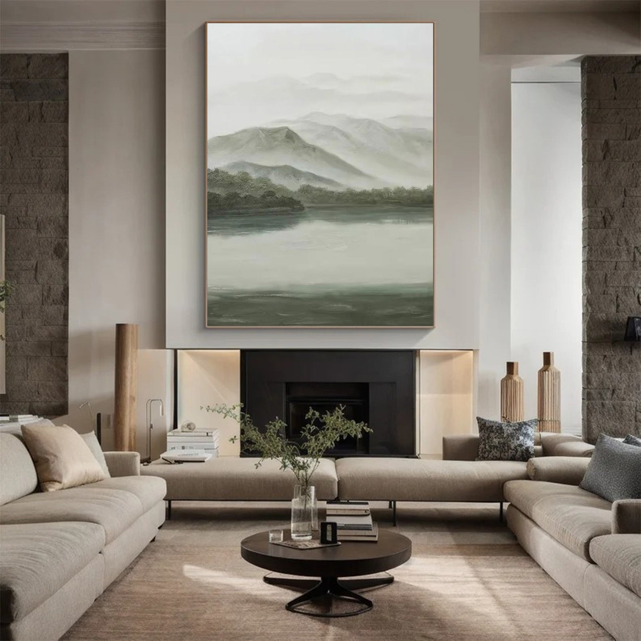 Soft Gray & Green Landscape, Peaceful Mountain Lake Scene #BGA 255