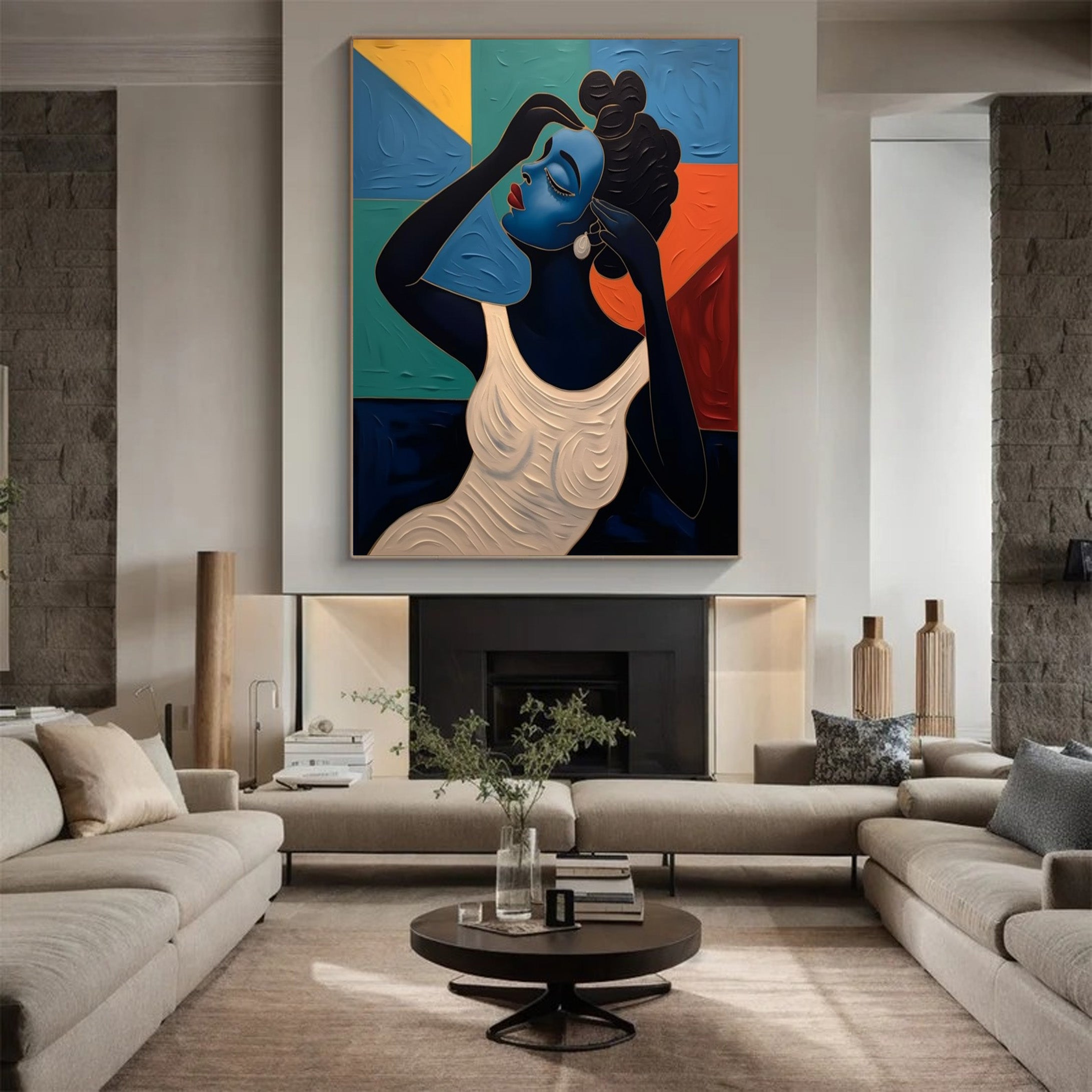 Textured Portrait with Bold Color Blocks, Modern Stylized Art #BGA 254