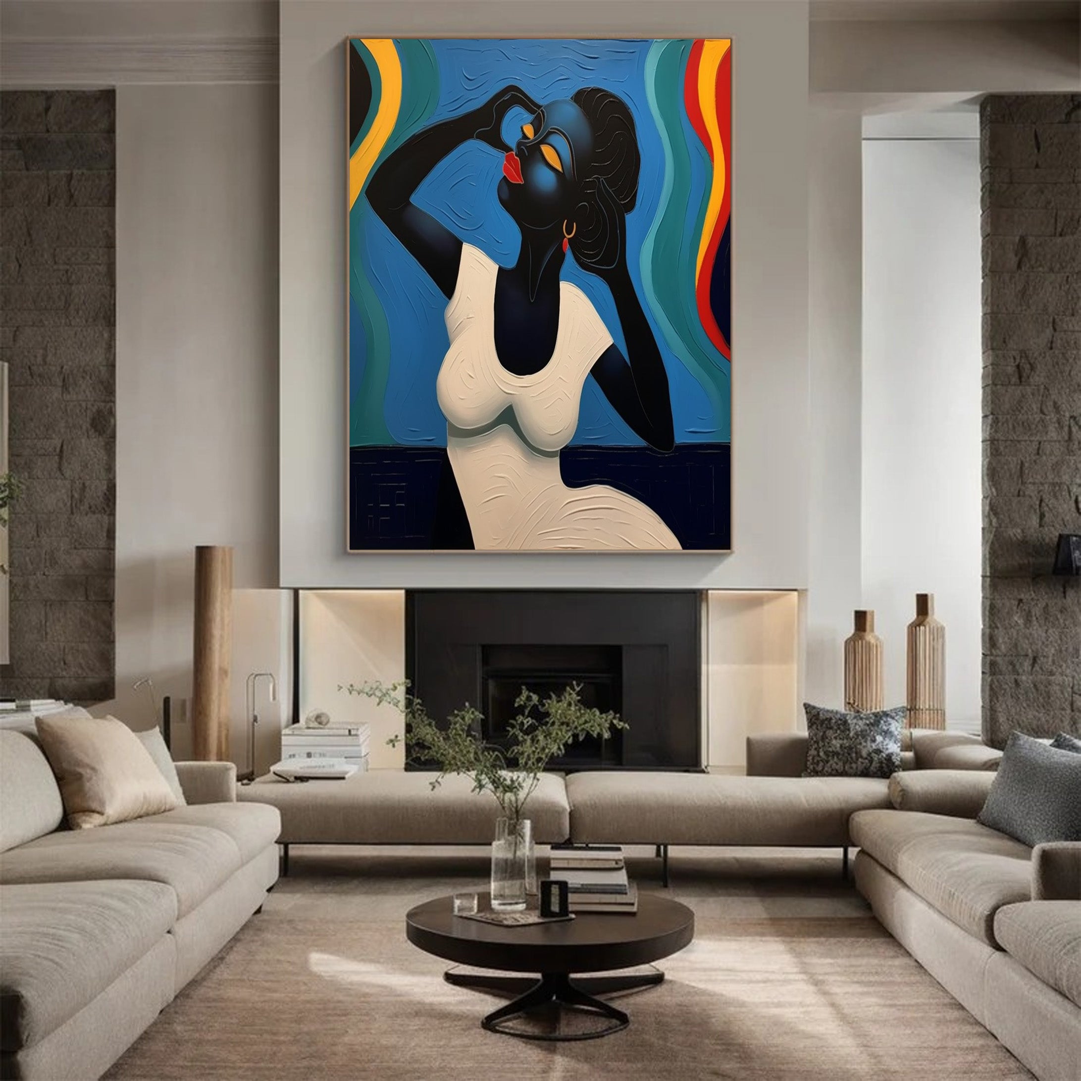 Stylized Portrait with Textured Color Waves, Modern Wall Art #BGA 256