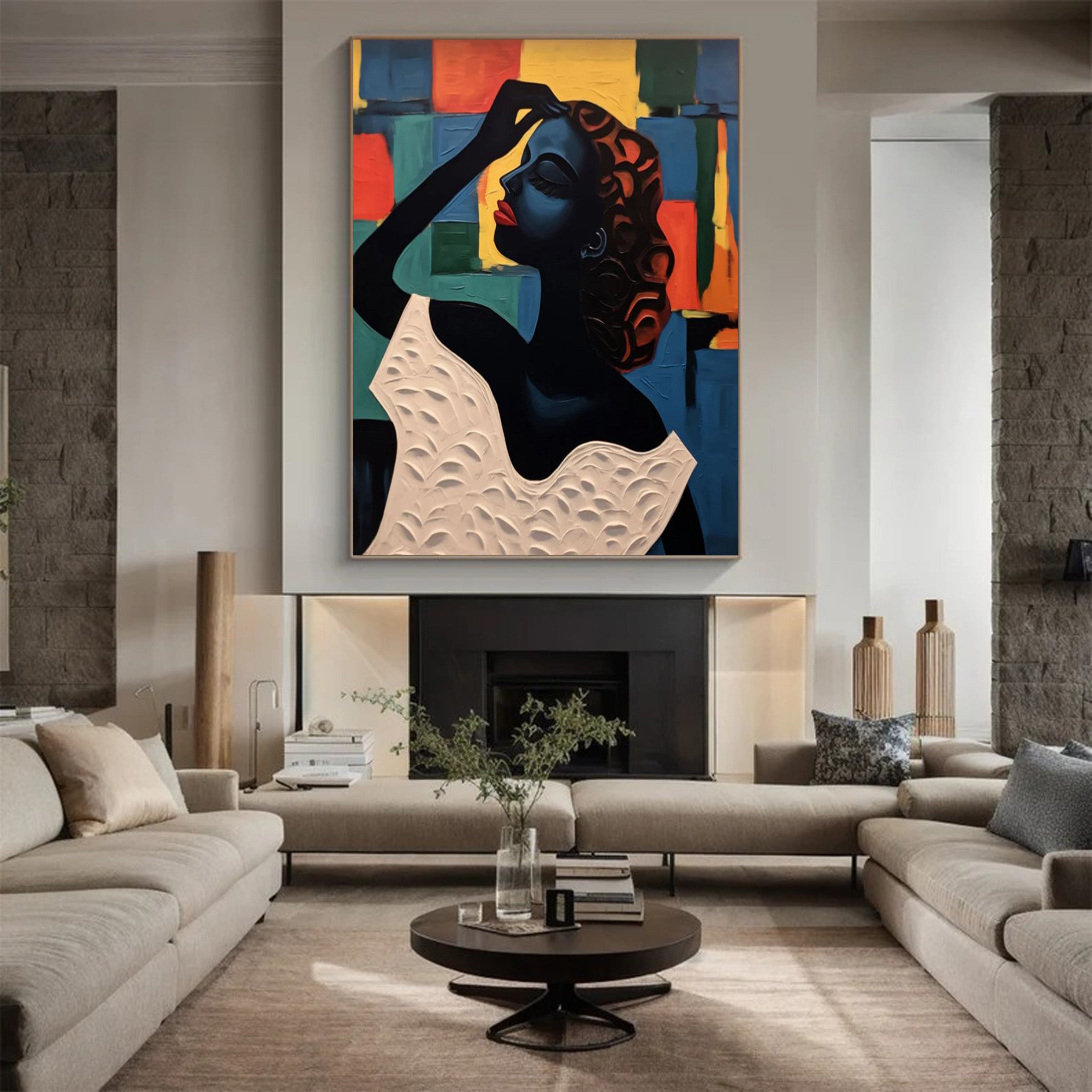 Textured Portrait with Bold Color Geometry, Modern Wall Art #BGA 257