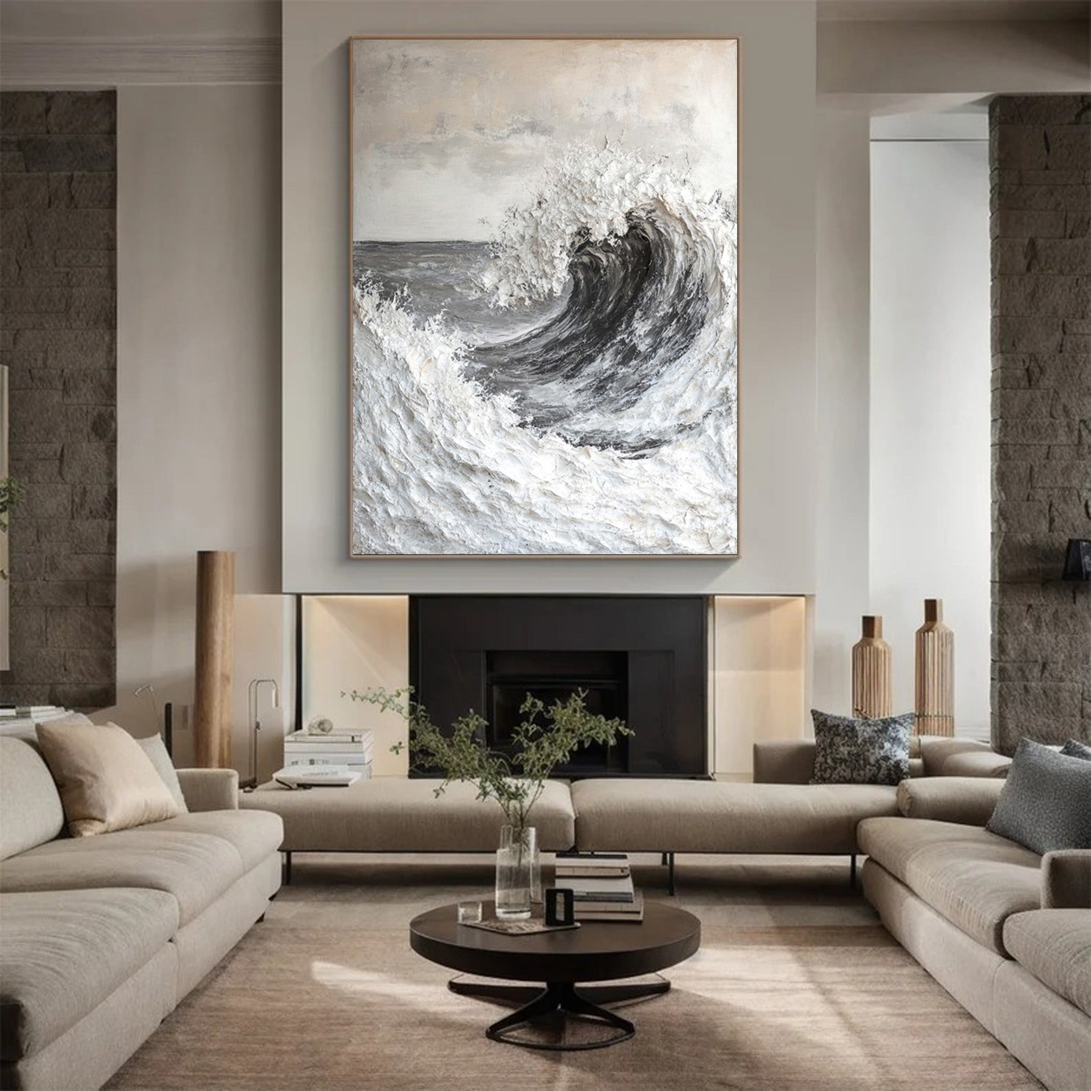 Contemporary Grayscale Ocean Art with Texture Wave #BGA 283
