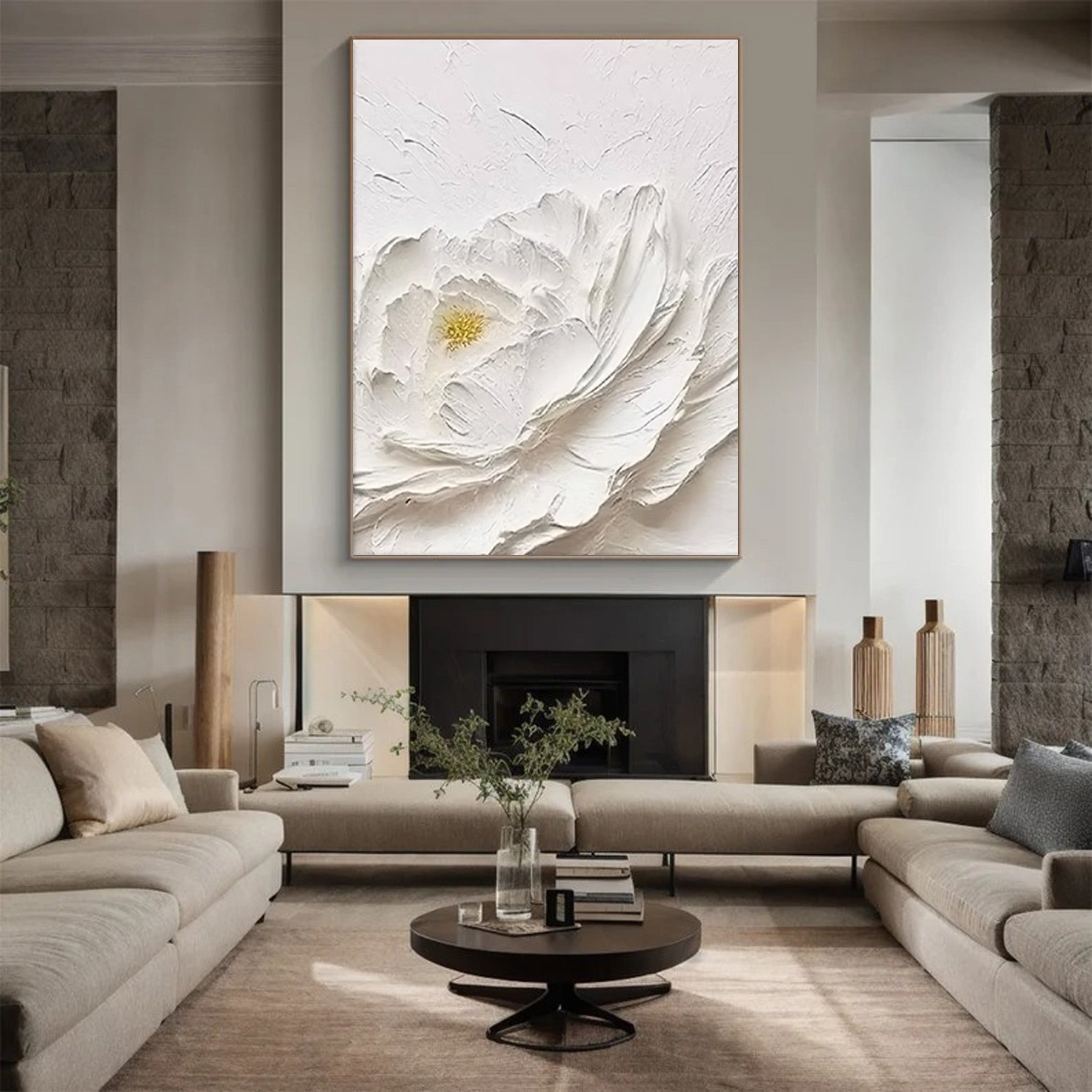 Textured Petals: White Flower Relief, Sculptural Floral Art #BGA 196
