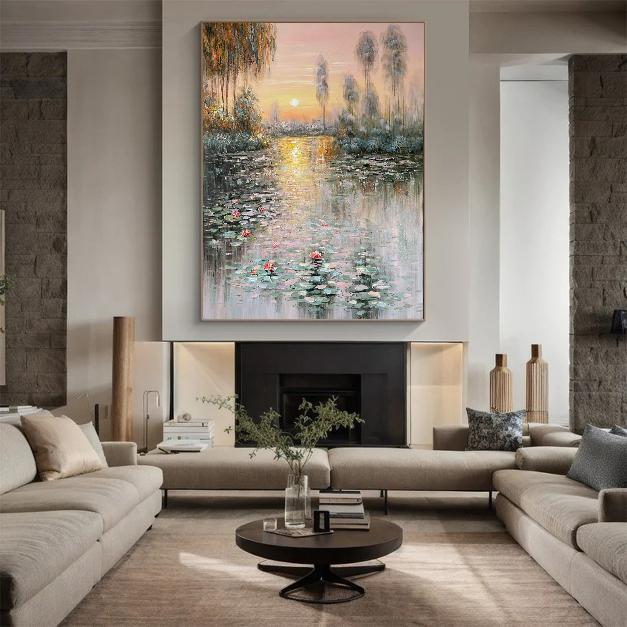 Sunset Bloom: Impressionistic Lily Pond, Vibrant Landscape Art #BGA 181