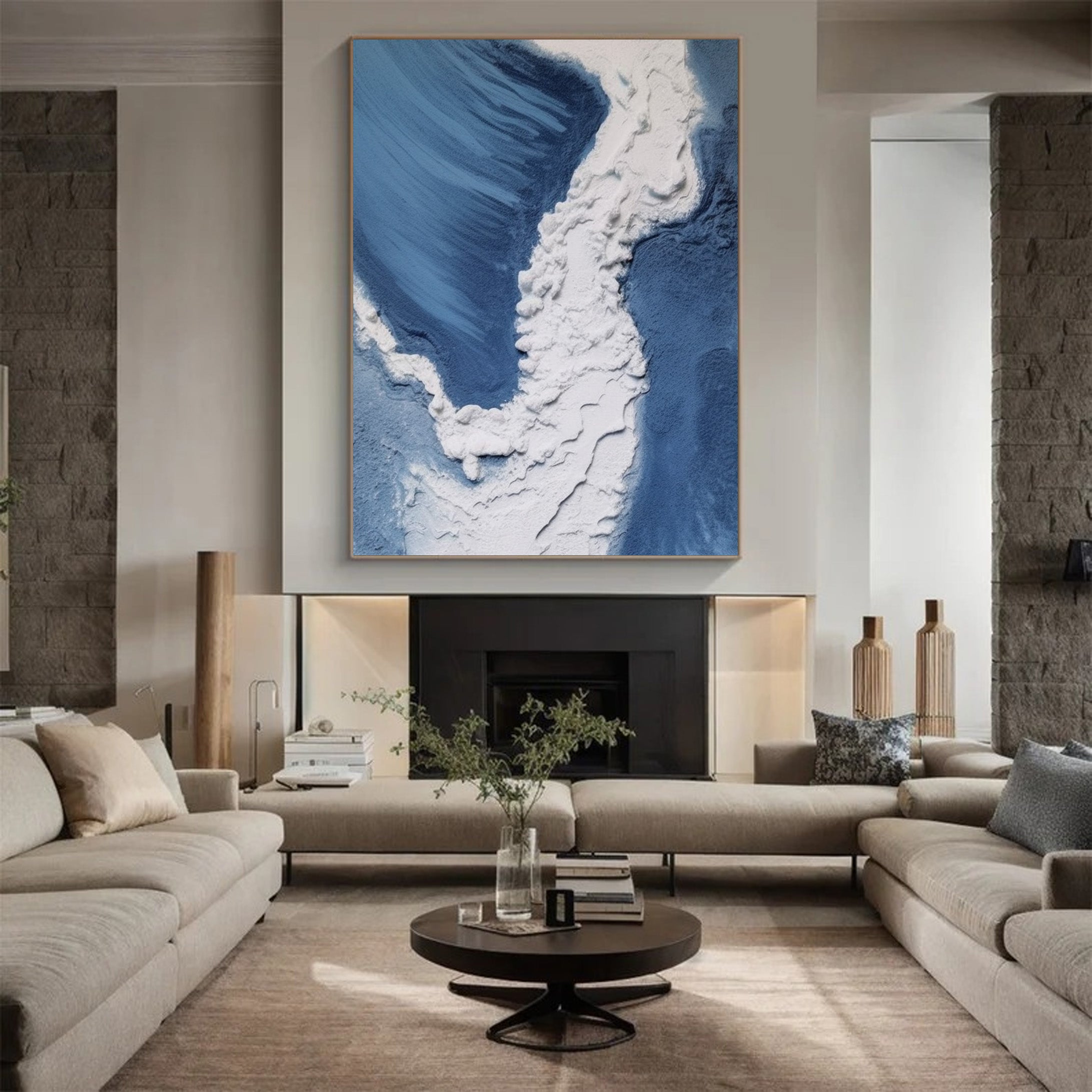 3D Textured Aerial Ocean, Minimalist Blue and White Art #BGA 247