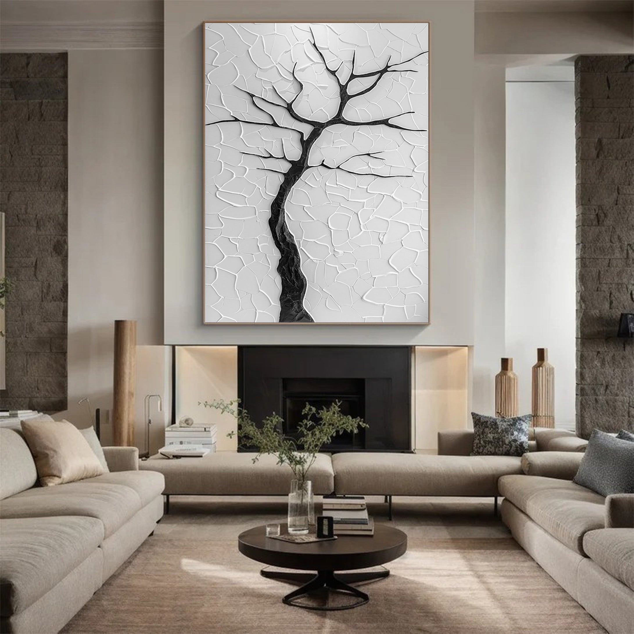 Contemporary Black Tree Silhouette on Textured Neutral Canvas #BGA 285