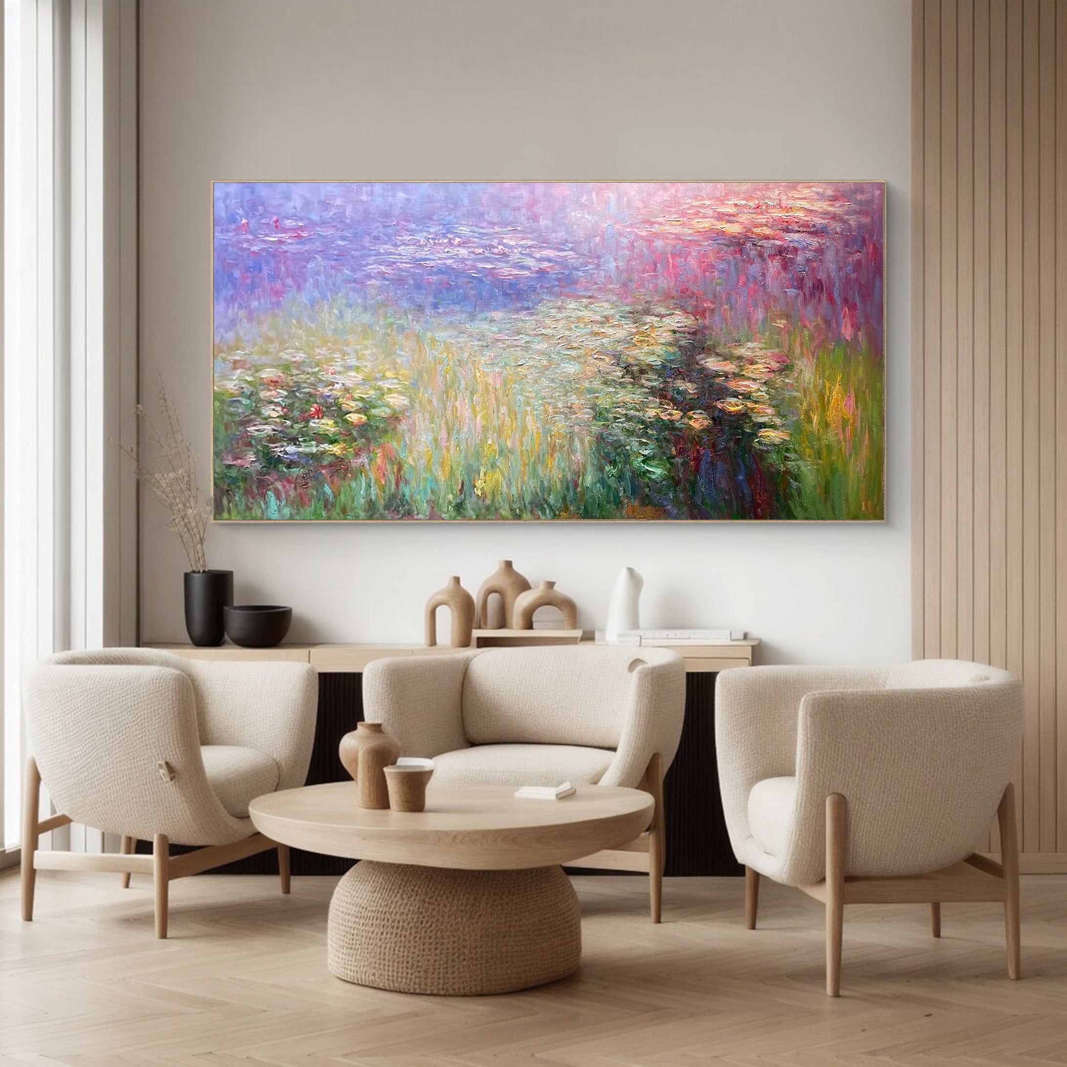 Monet Style Water Lilies, Horizontal Impressionist Wall Art #BGA 167
