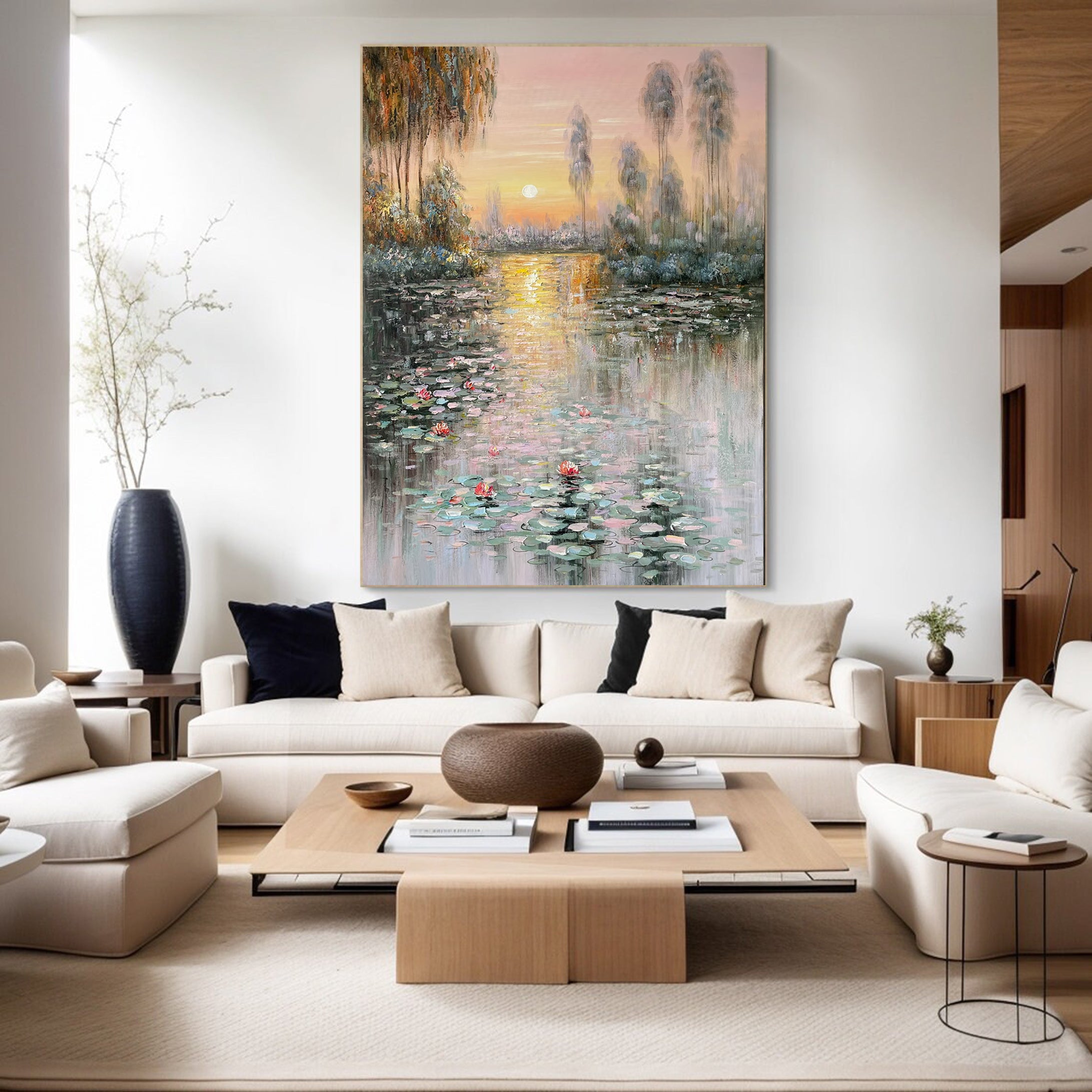 Sunset Bloom: Impressionistic Lily Pond, Vibrant Landscape Art #BGA 181