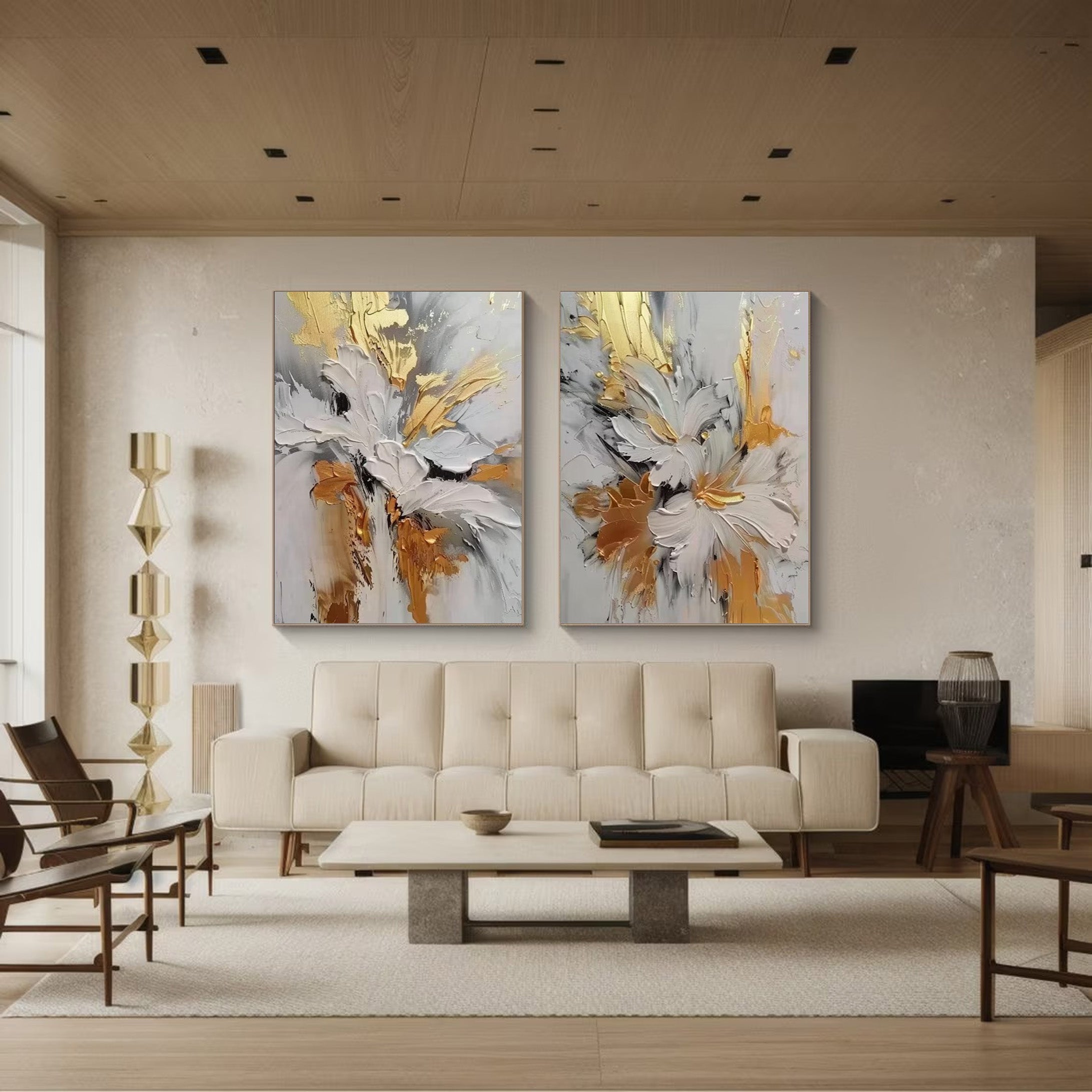 Gilded Bloom: Set of Two 3D Floral Art, Gold Accent Texture #BGA 214