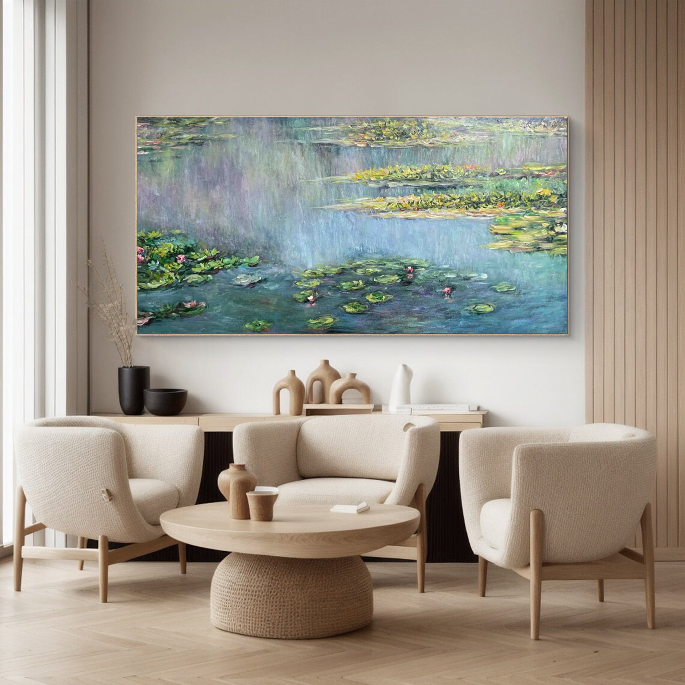 Monet Inspired Water Lilies, Horizontal Impressionist Wall Art #BGA 170