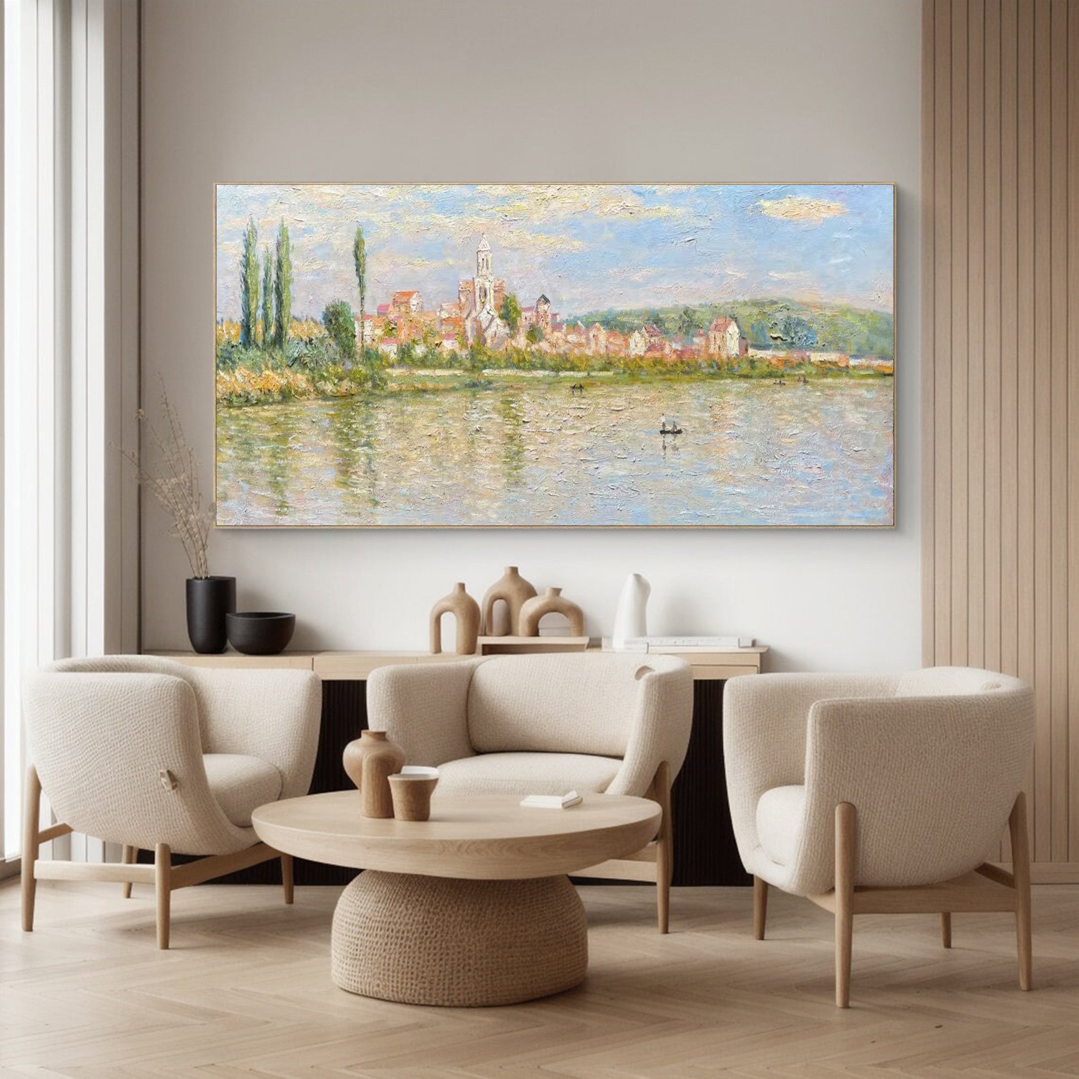 Monet Style Vétheuil, Impressionist River Landscape #BGA 171