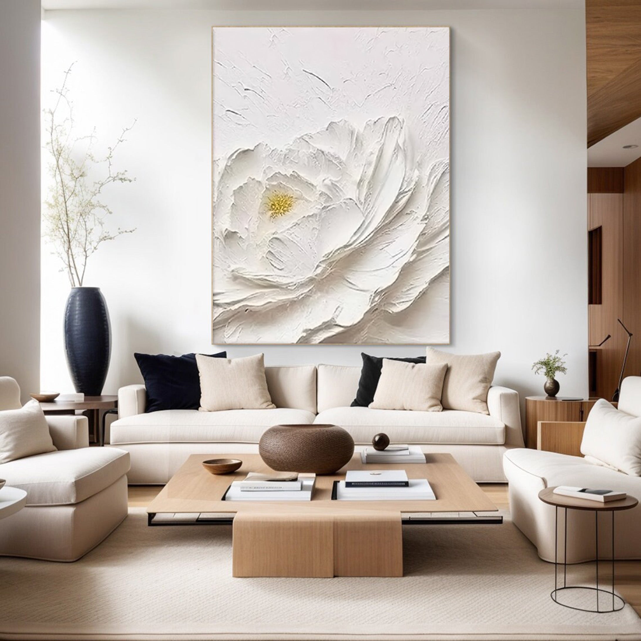 Textured Petals: White Flower Relief, Sculptural Floral Art #BGA 196