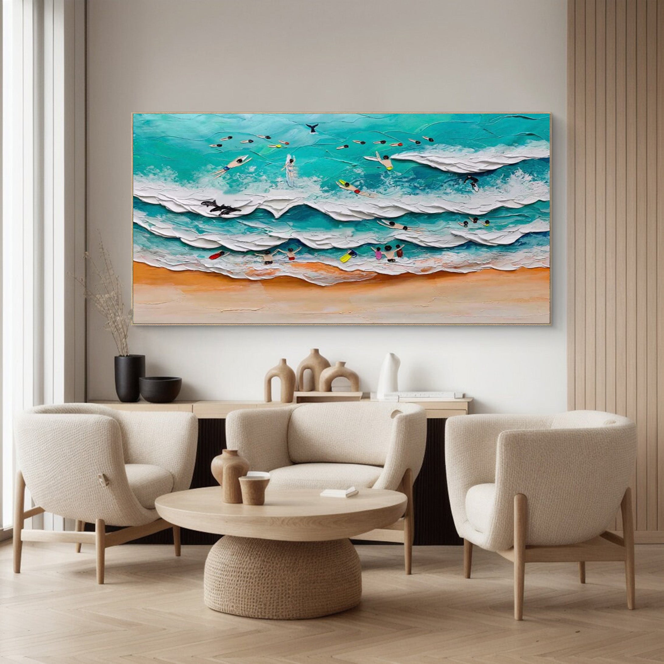 Colorful Beach with Surfers, Tactile Ocean Wall Art #BGA 235
