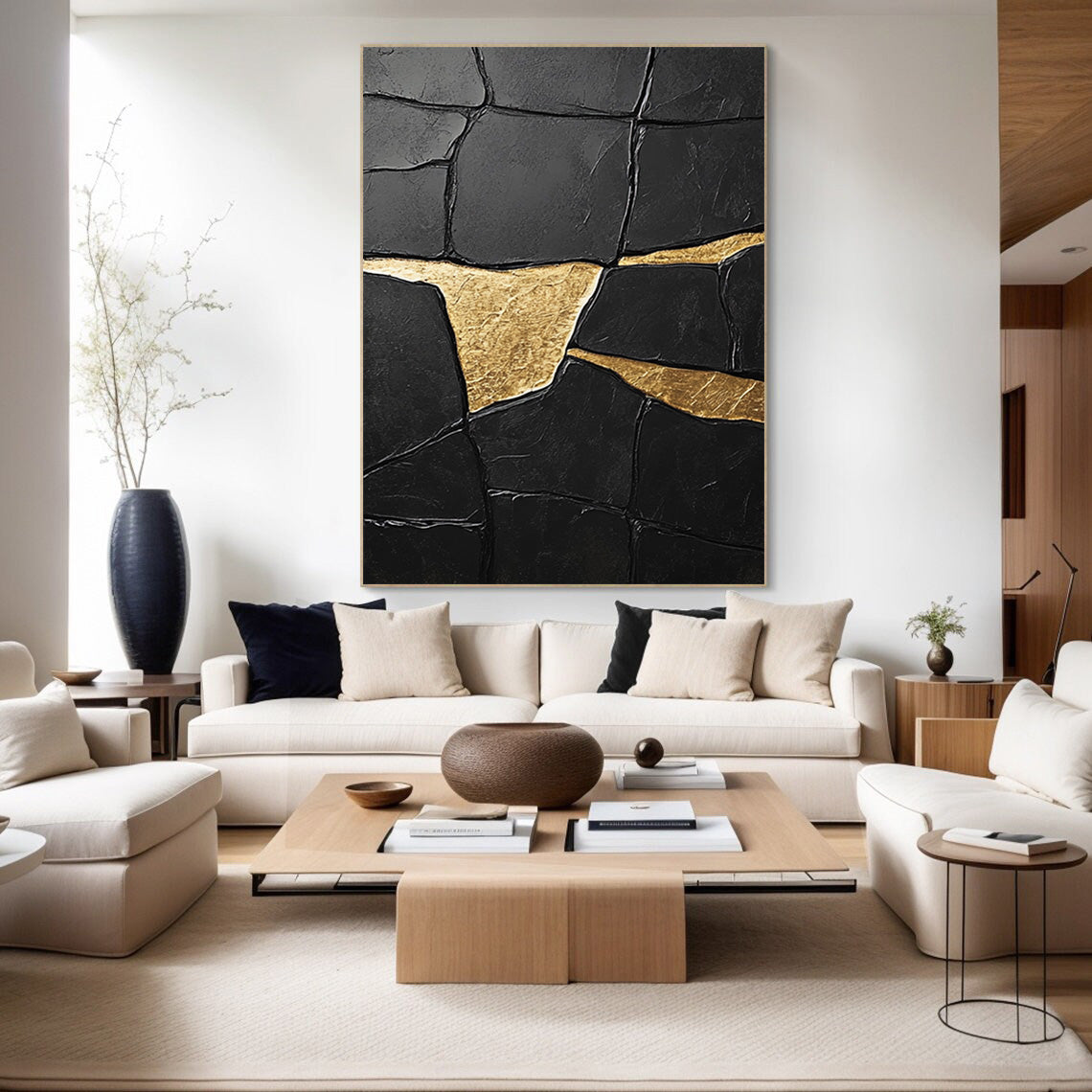Black Impasto Art with Bold Golden Fractures, Textured Abstract #BGA 267