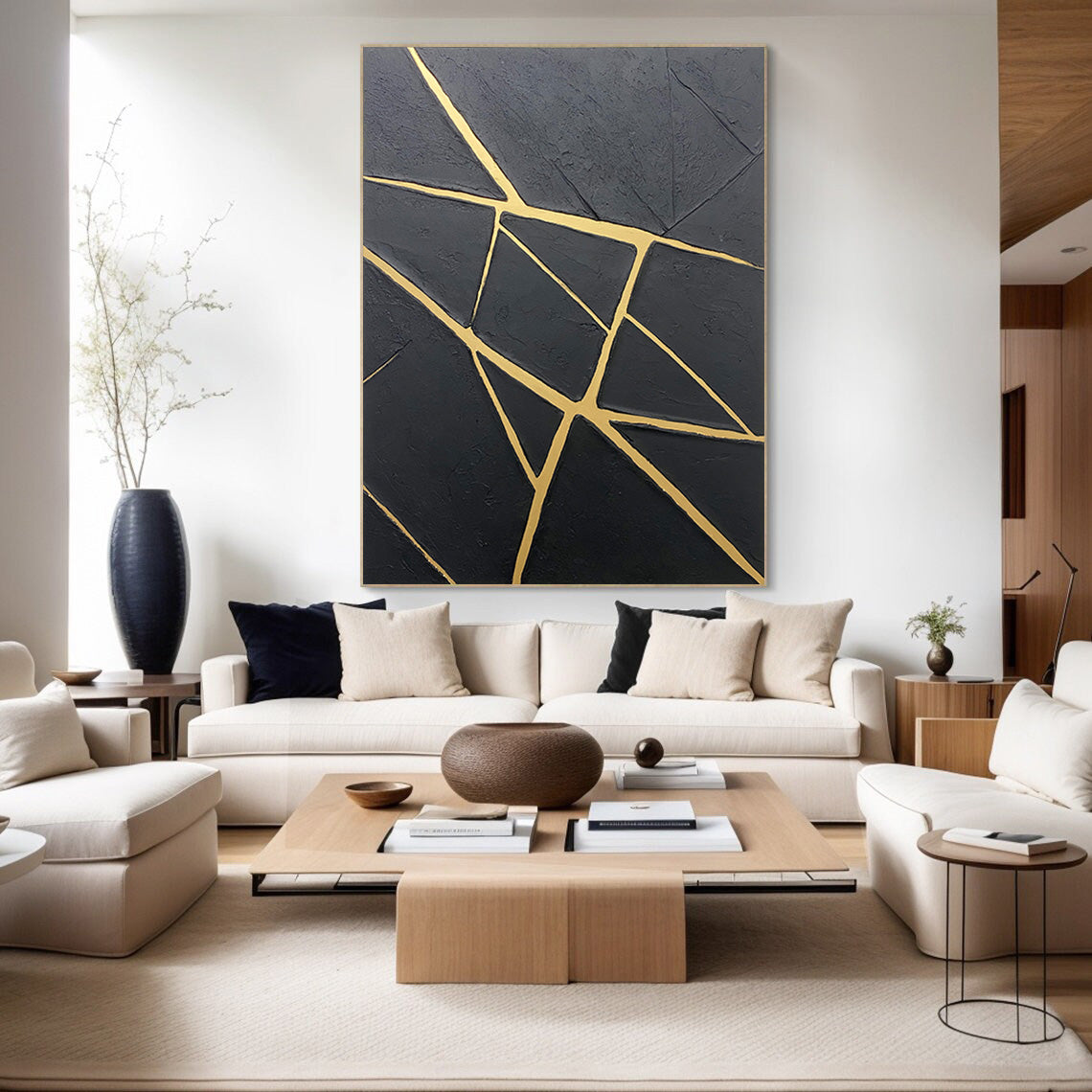 Contemporary Black Impasto with Luminous Linear Gold Markings #BGA 277