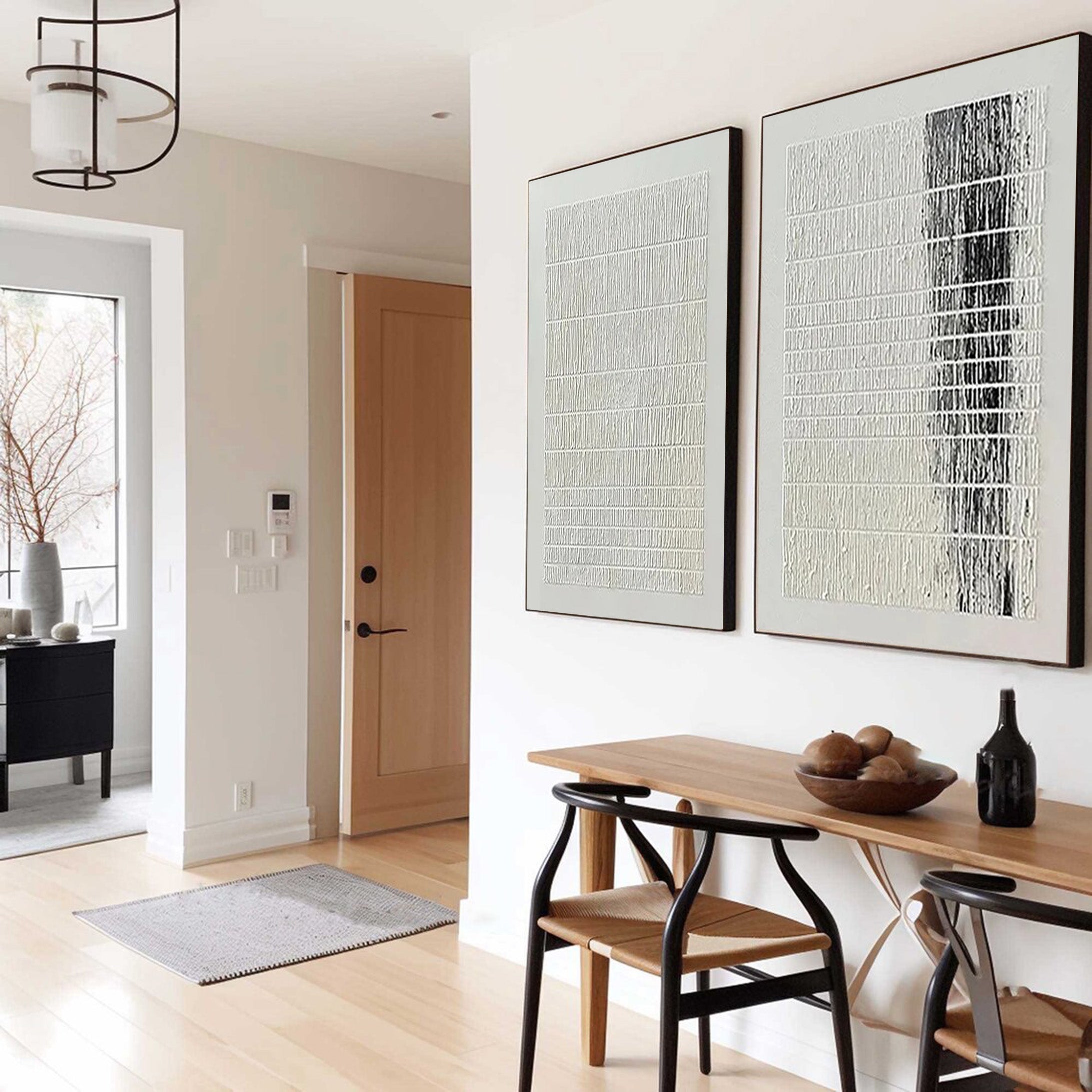 Set of 2 Abstract Wall Art, Black & White Linear Pattern #BGA 215