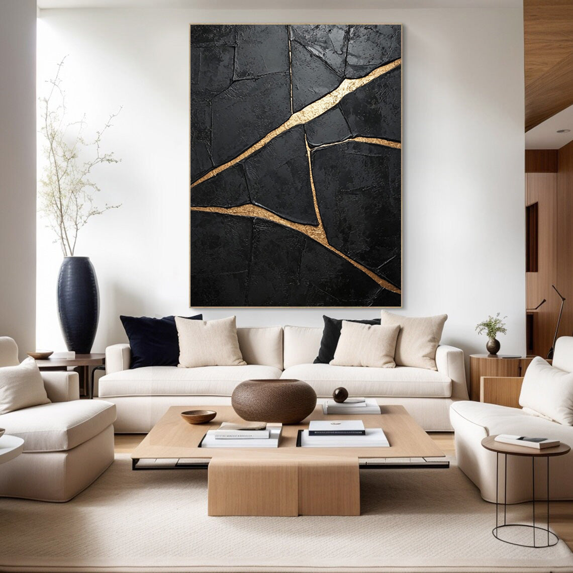 Deeply Textured Black with Bold Gold Trails, Modern Abstract #BGA 265