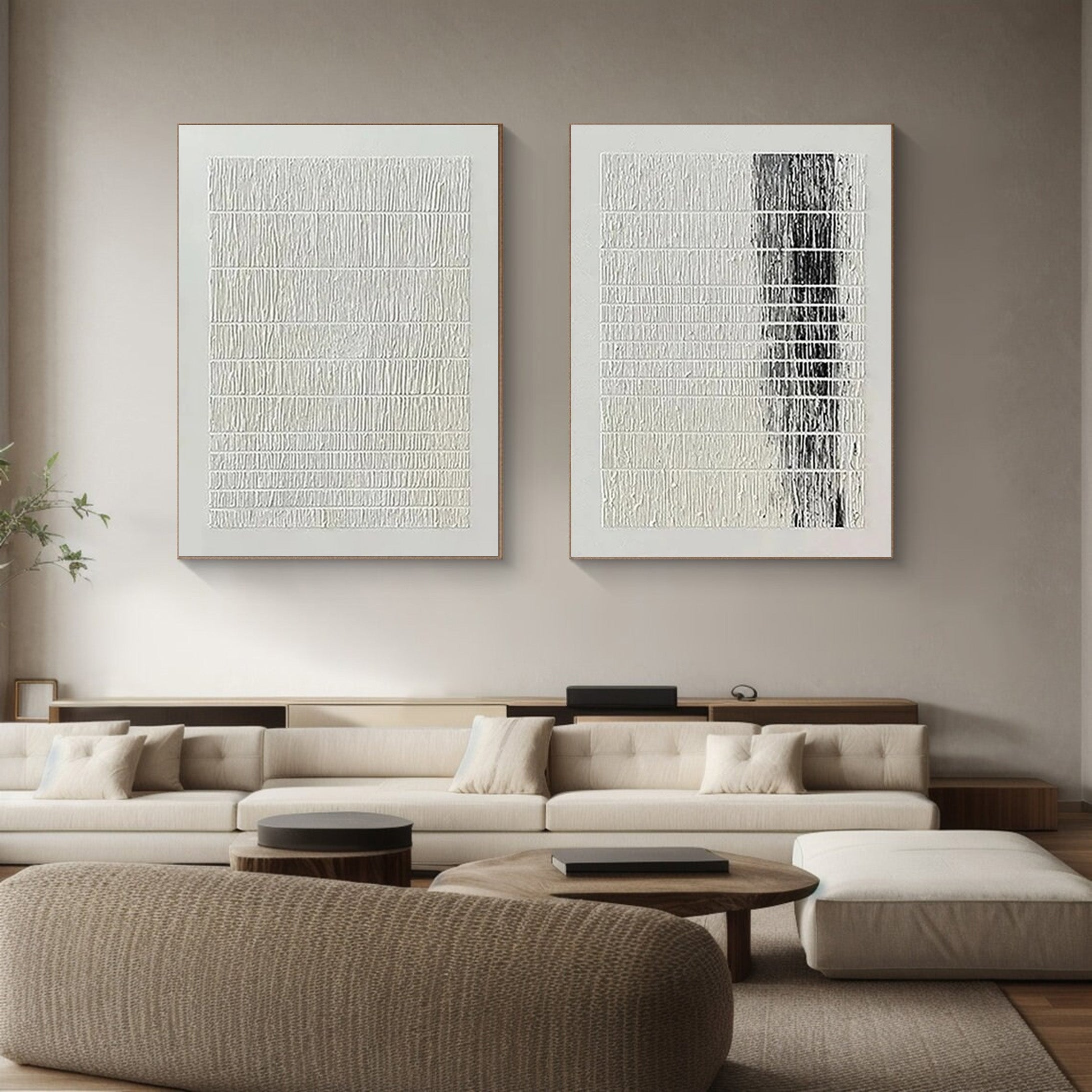 Set of 2 Abstract Wall Art, Black & White Linear Pattern #BGA 215