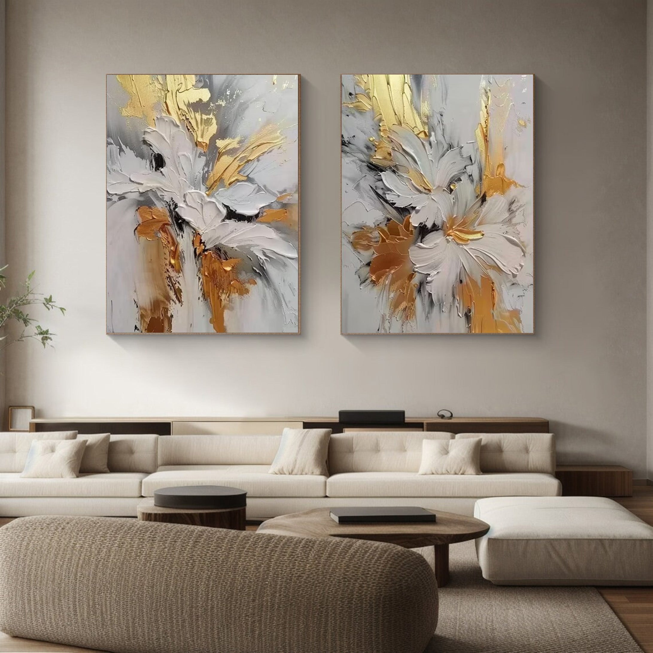 Gilded Bloom: Set of Two 3D Floral Art, Gold Accent Texture #BGA 214