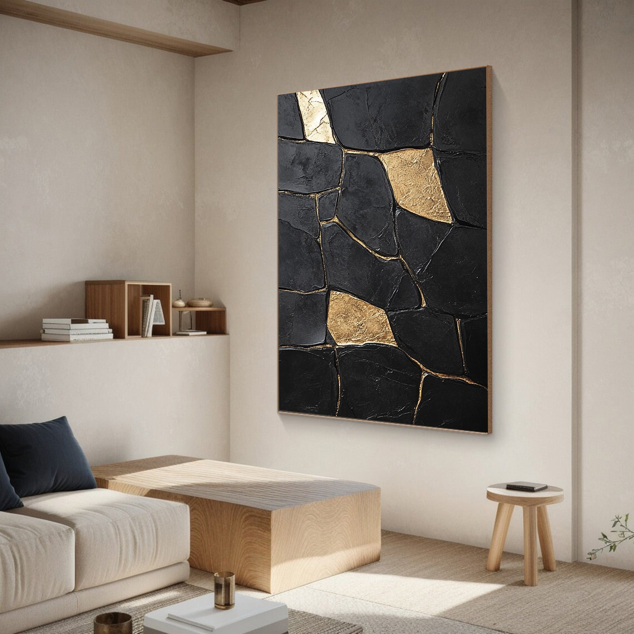 Large Textured Black Abstract with Geometric Gold Inlays #BGA 270