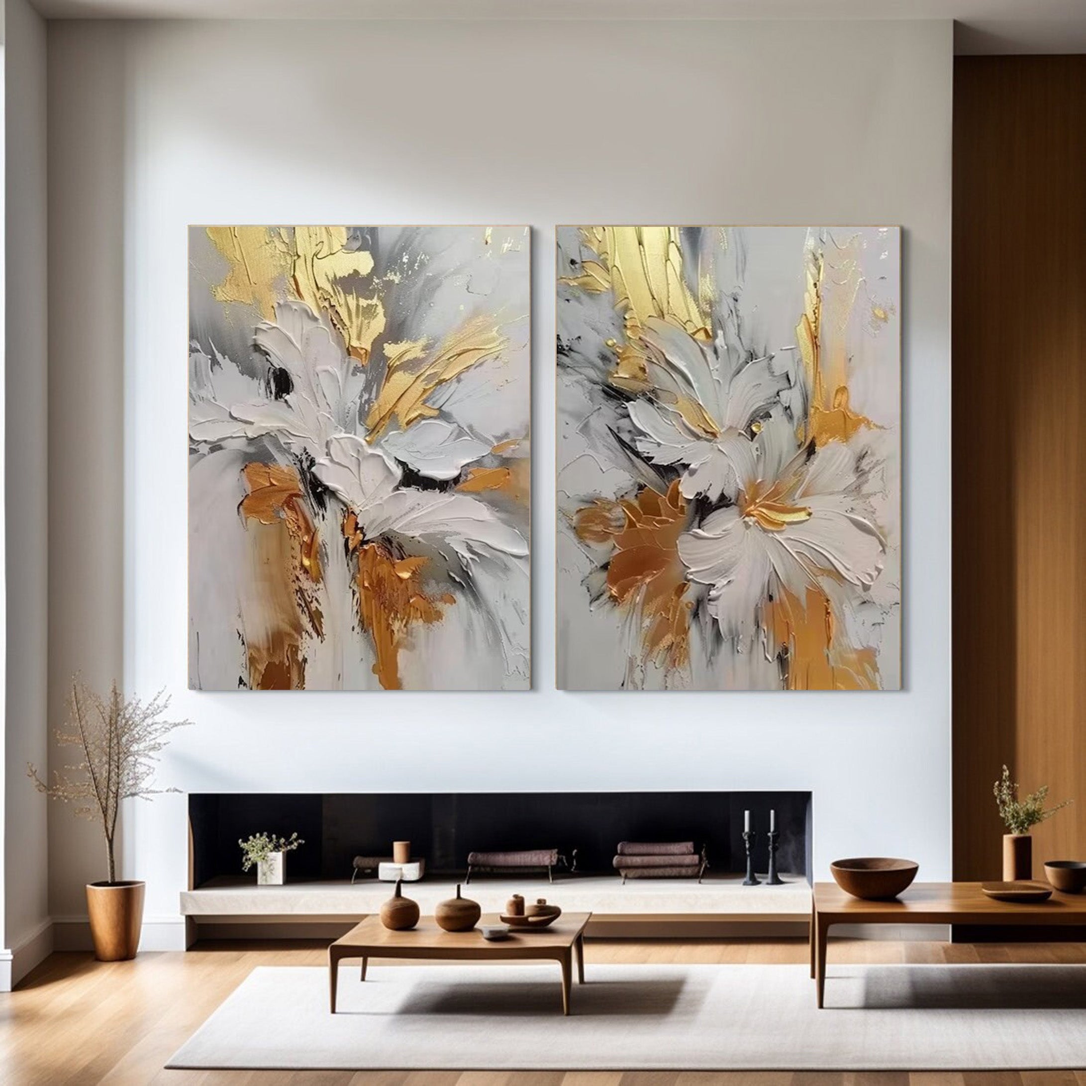 Gilded Bloom: Set of Two 3D Floral Art, Gold Accent Texture #BGA 214