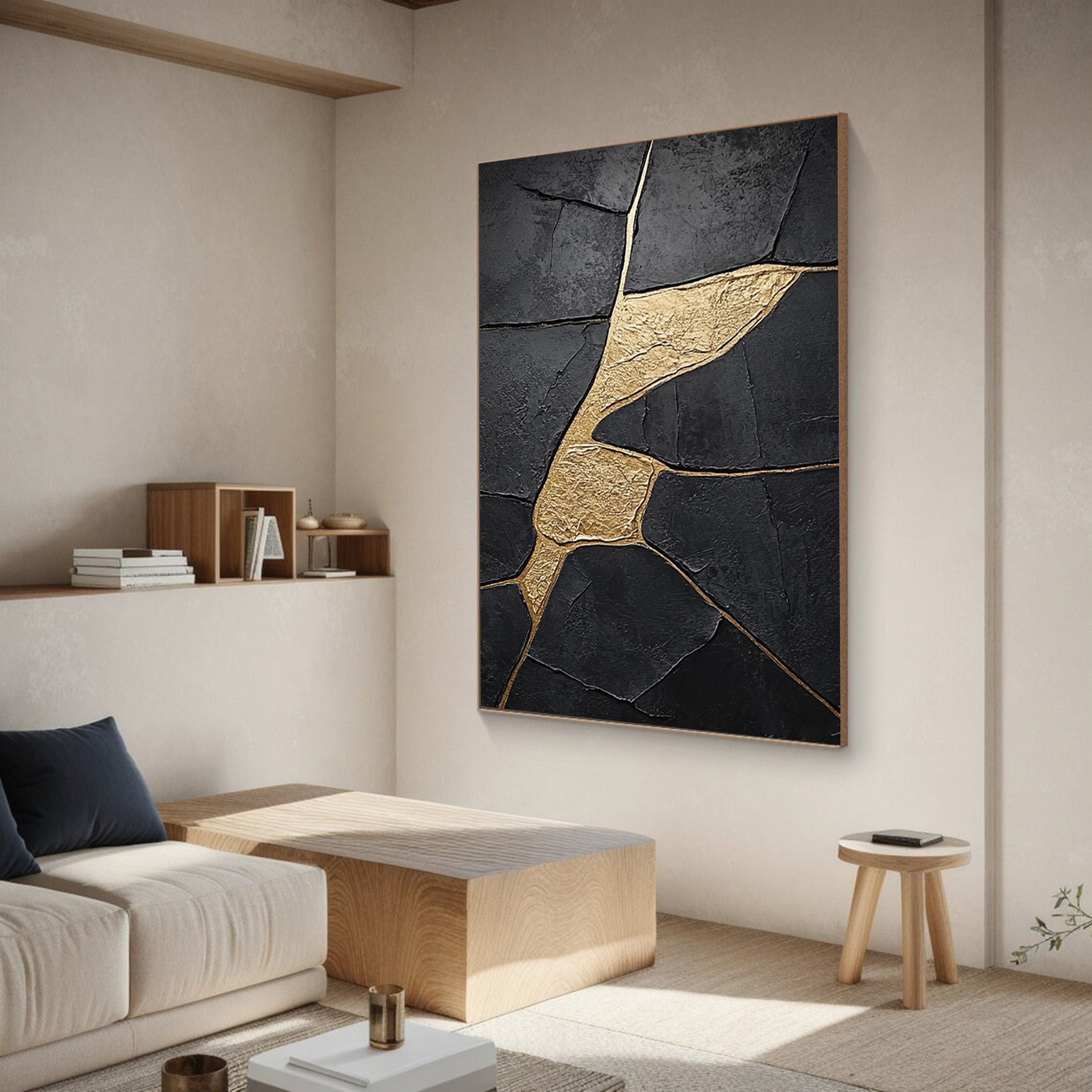 Large Black Abstract with Gold Repair Lines for Modern Home #BGA 272