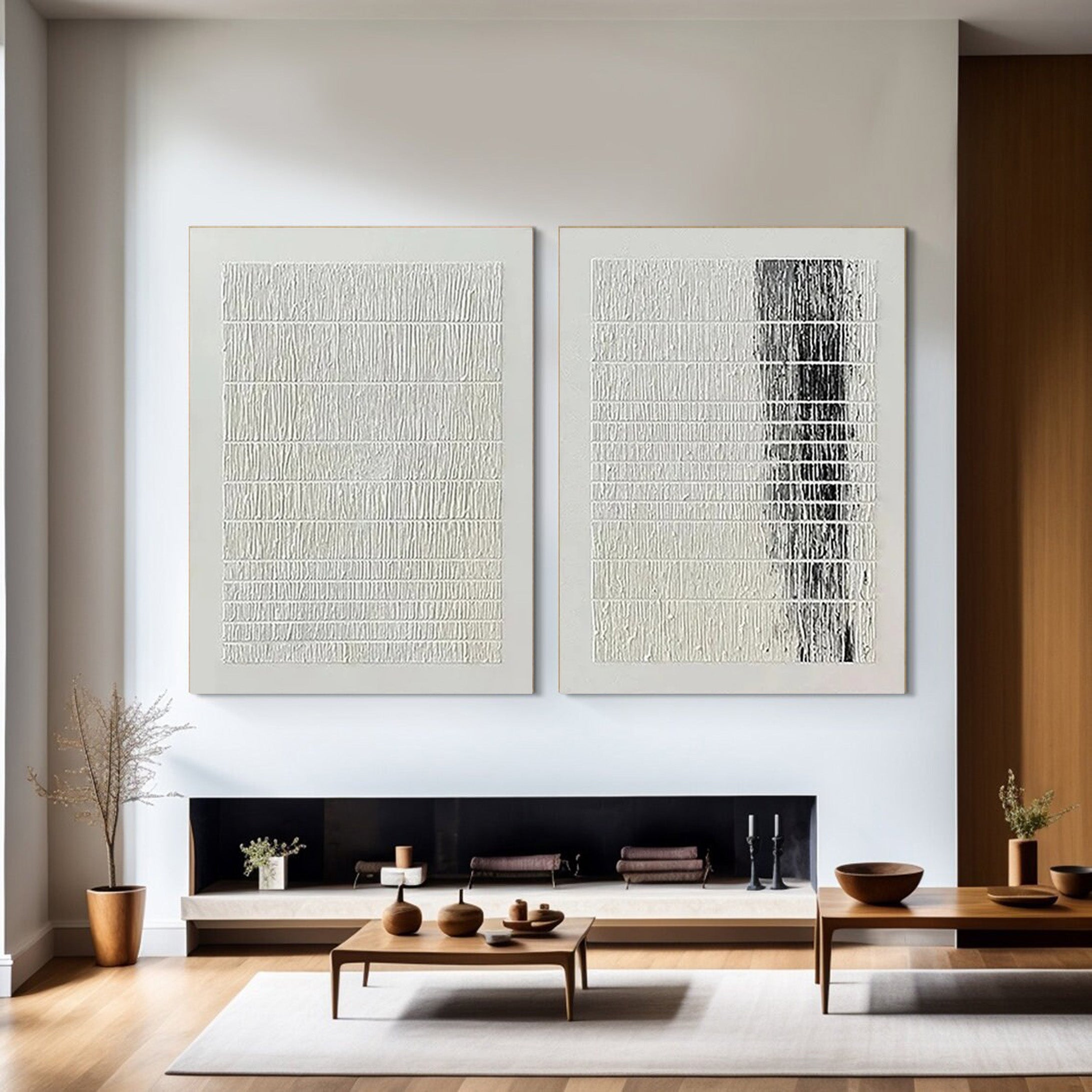 Set of 2 Abstract Wall Art, Black & White Linear Pattern #BGA 215