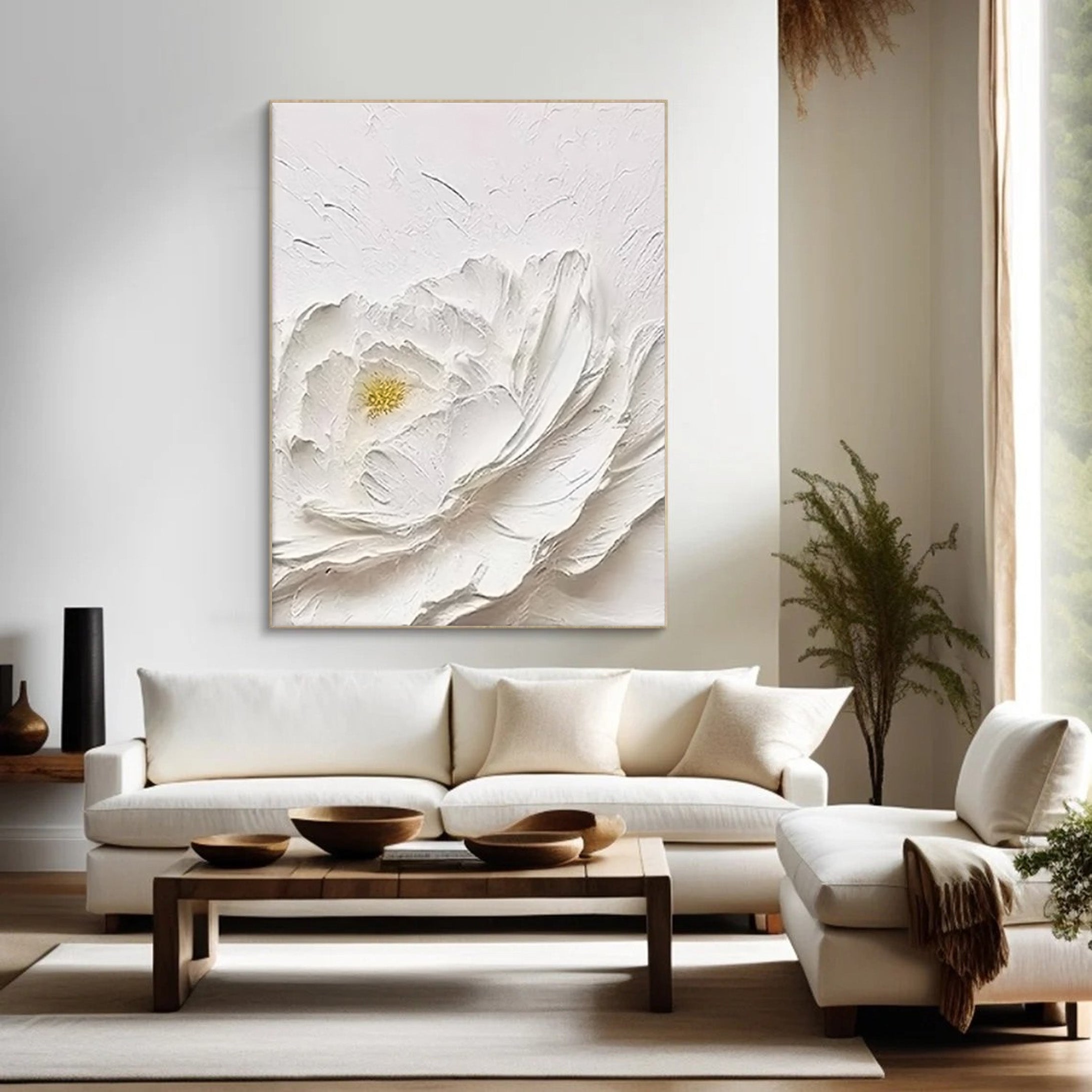 Textured Petals: White Flower Relief, Sculptural Floral Art #BGA 196