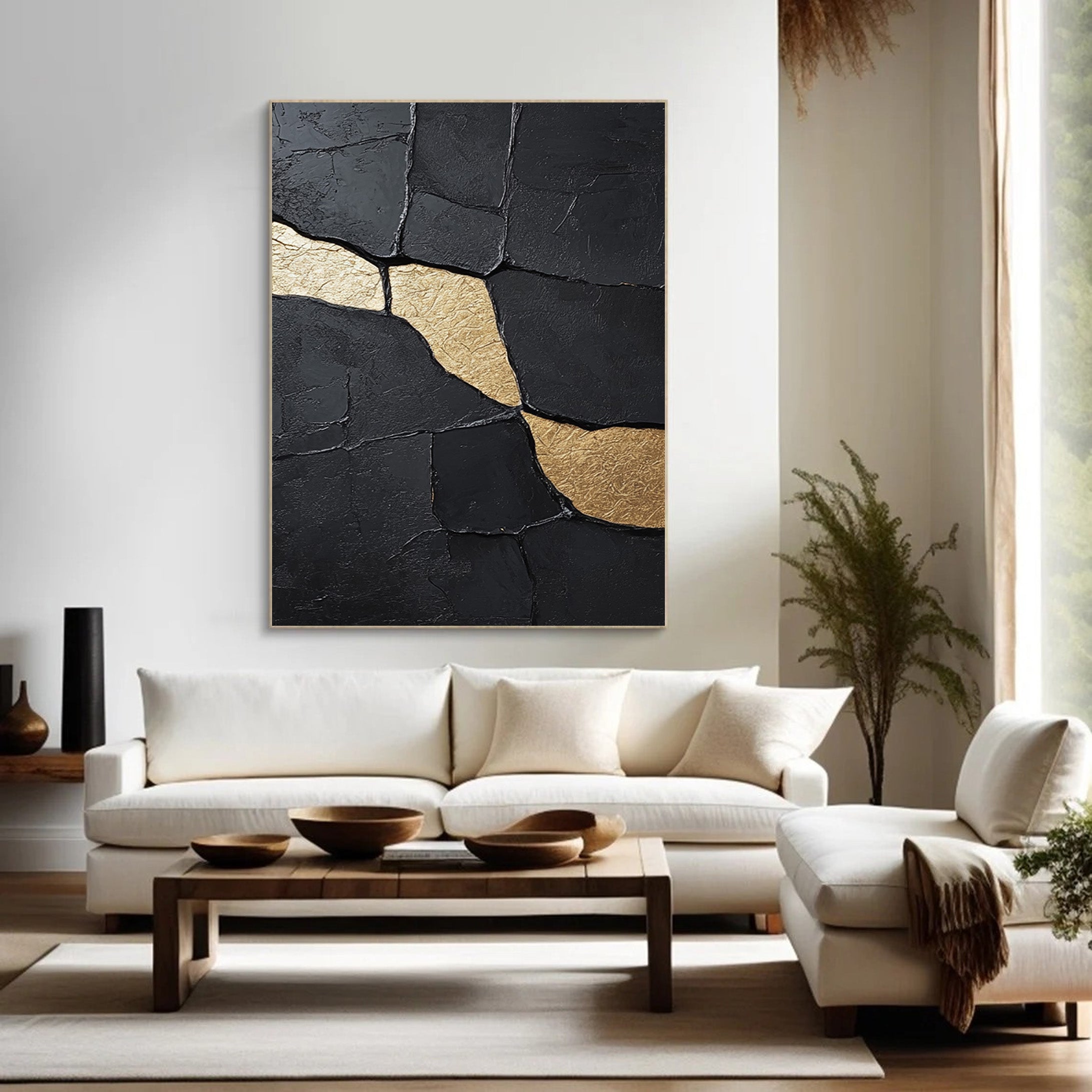 Contemporary Black Impasto Art with Striking Organic Gold #BGA 269