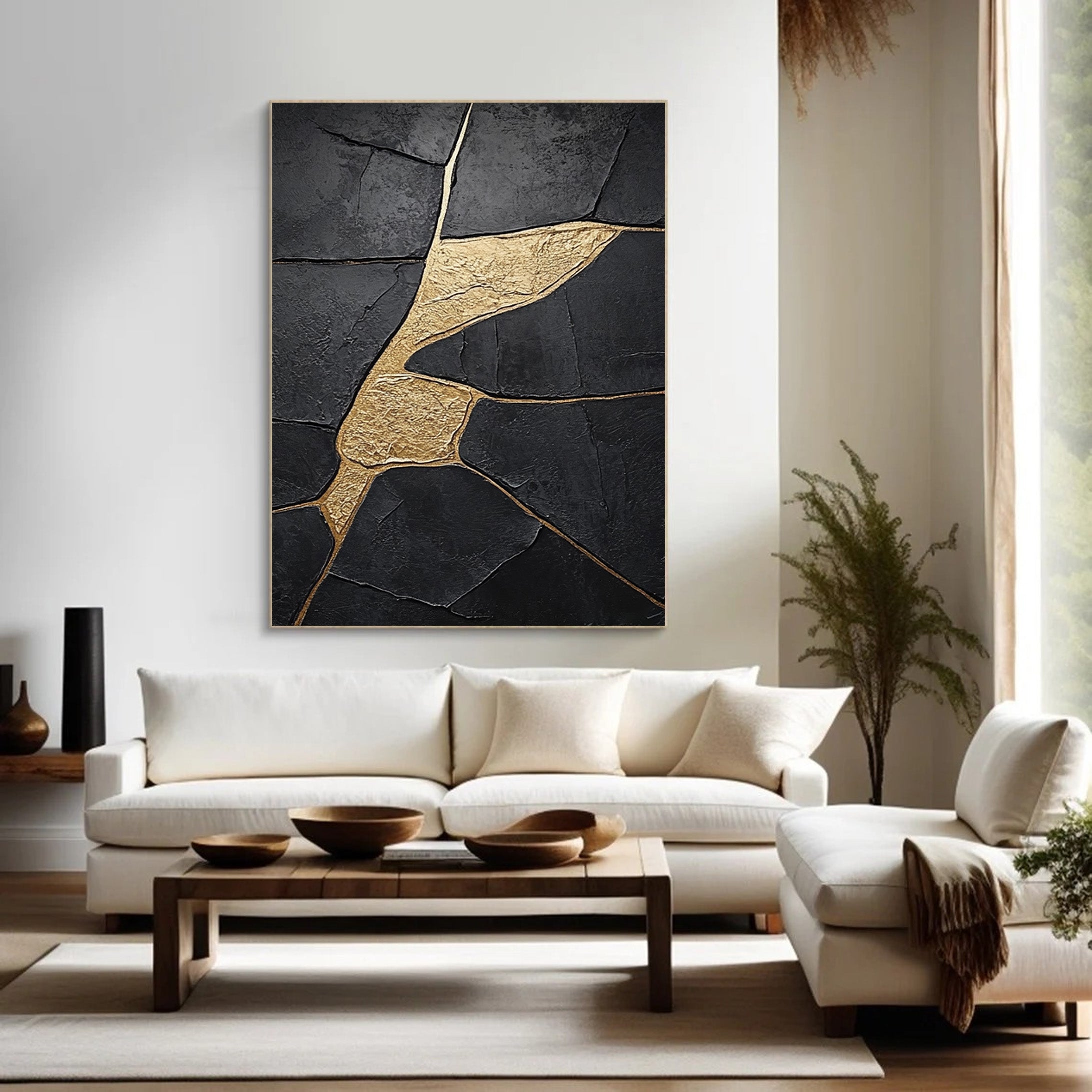 Large Black Abstract with Gold Repair Lines for Modern Home #BGA 272