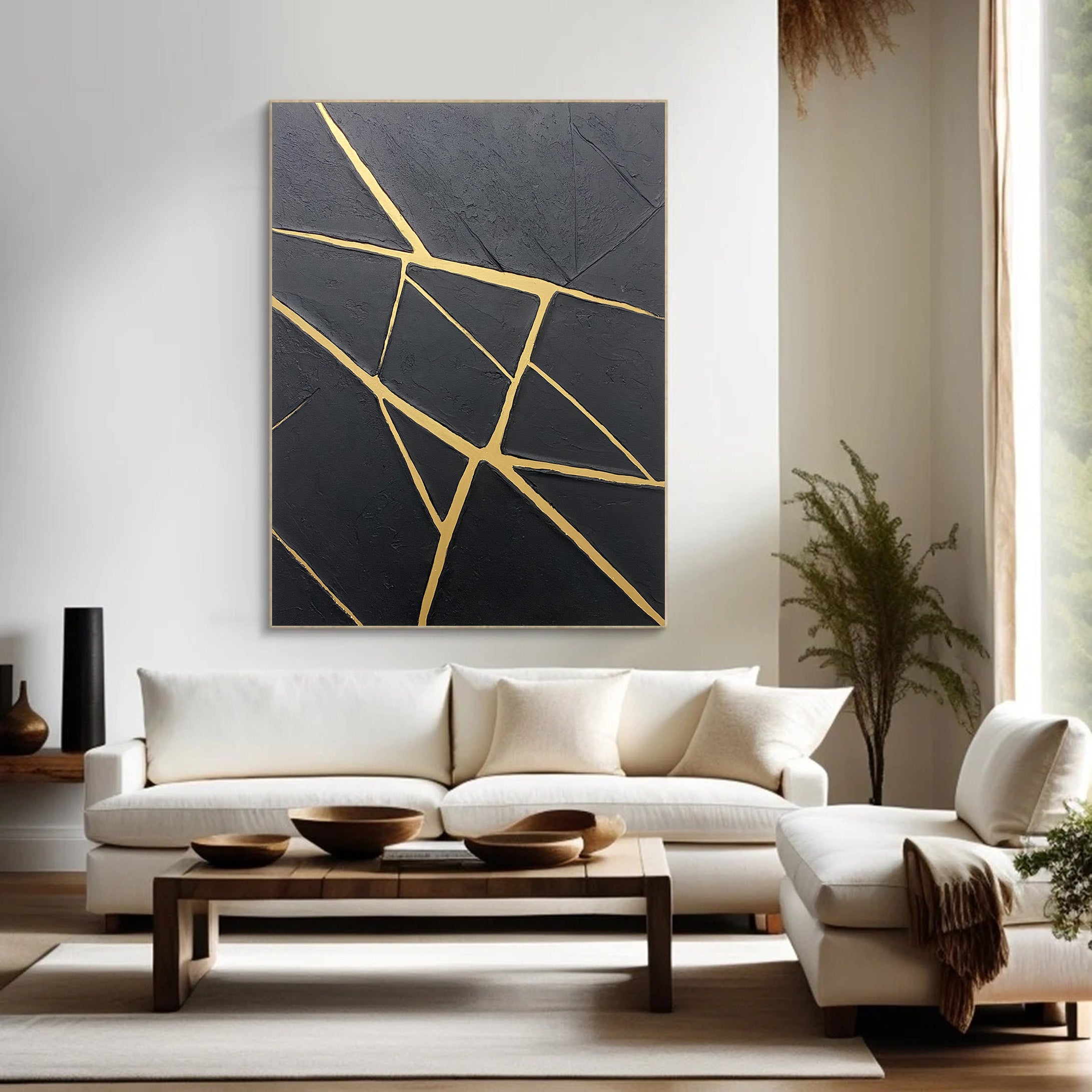 Contemporary Black Impasto with Luminous Linear Gold Markings #BGA 277
