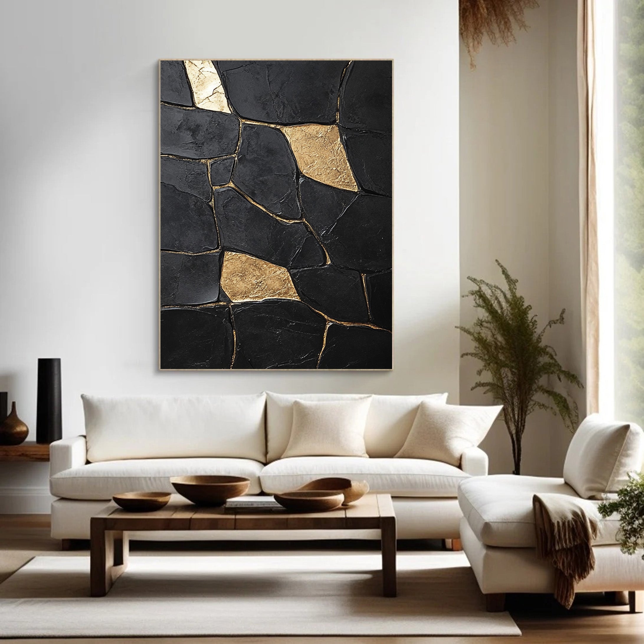 Large Textured Black Abstract with Geometric Gold Inlays #BGA 270