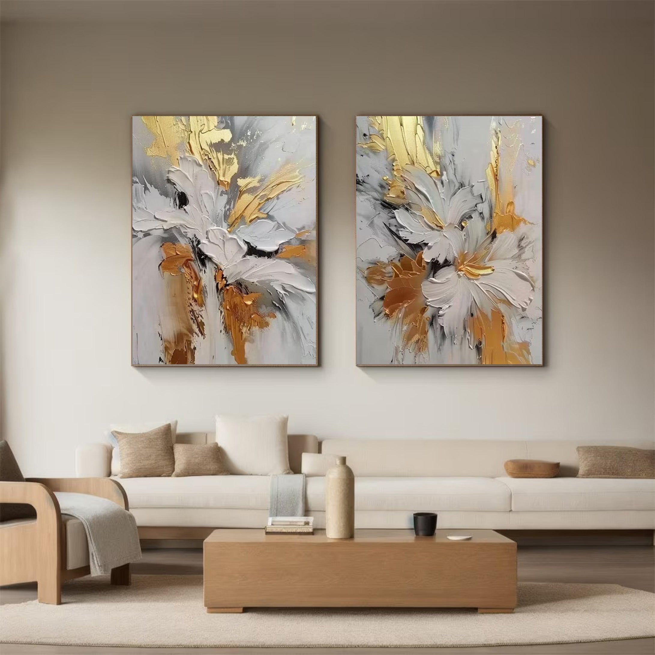 Gilded Bloom: Set of Two 3D Floral Art, Gold Accent Texture #BGA 214