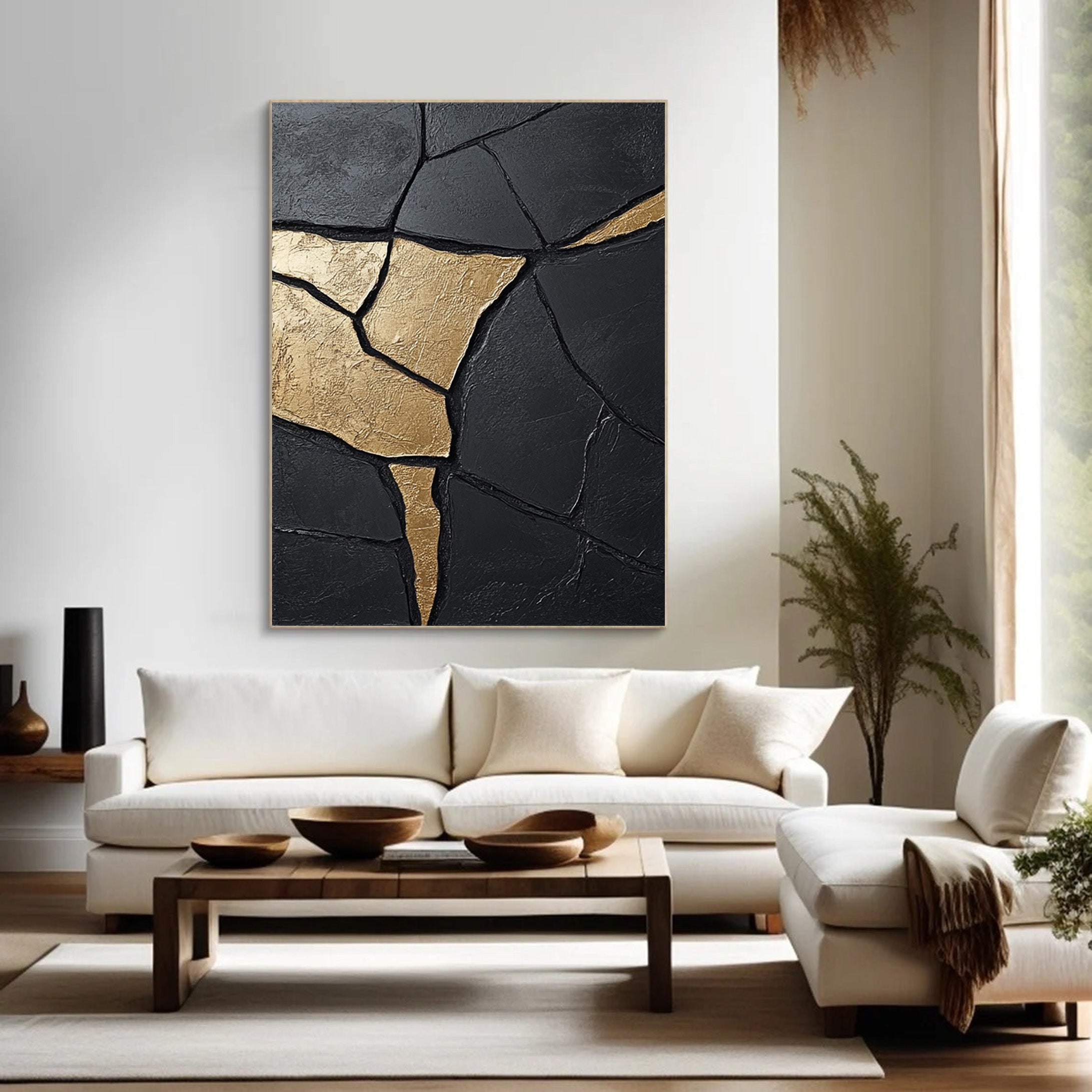 Large Contemporary Black Impasto with Flowing Gold Accents #BGA 271