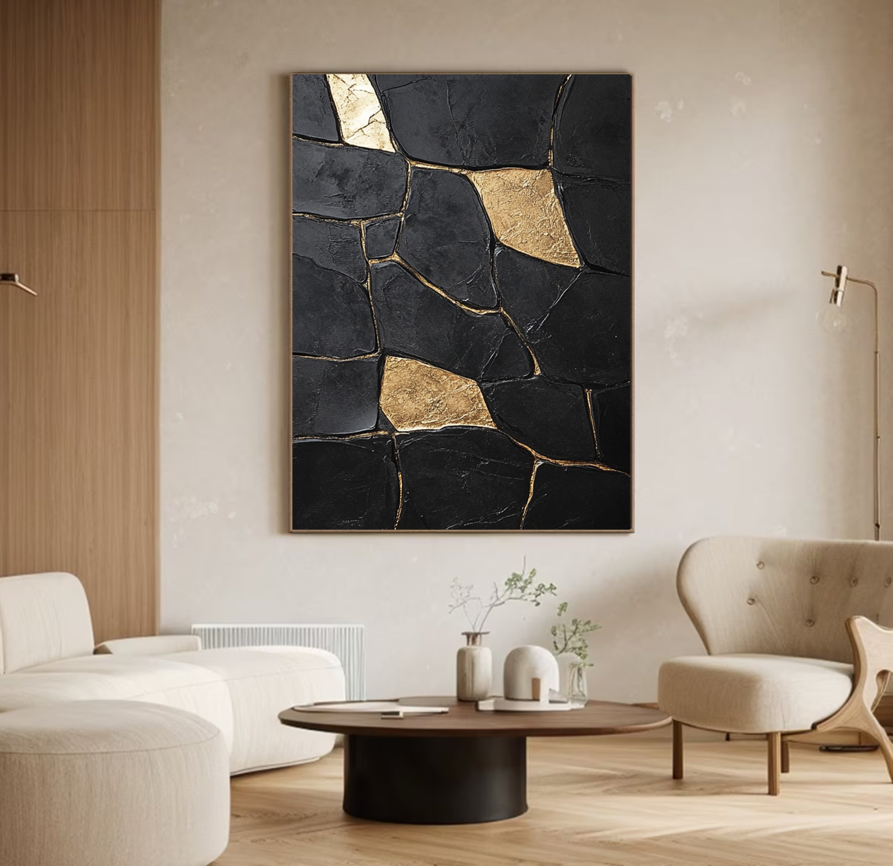 Large Textured Black Abstract with Geometric Gold Inlays #BGA 270