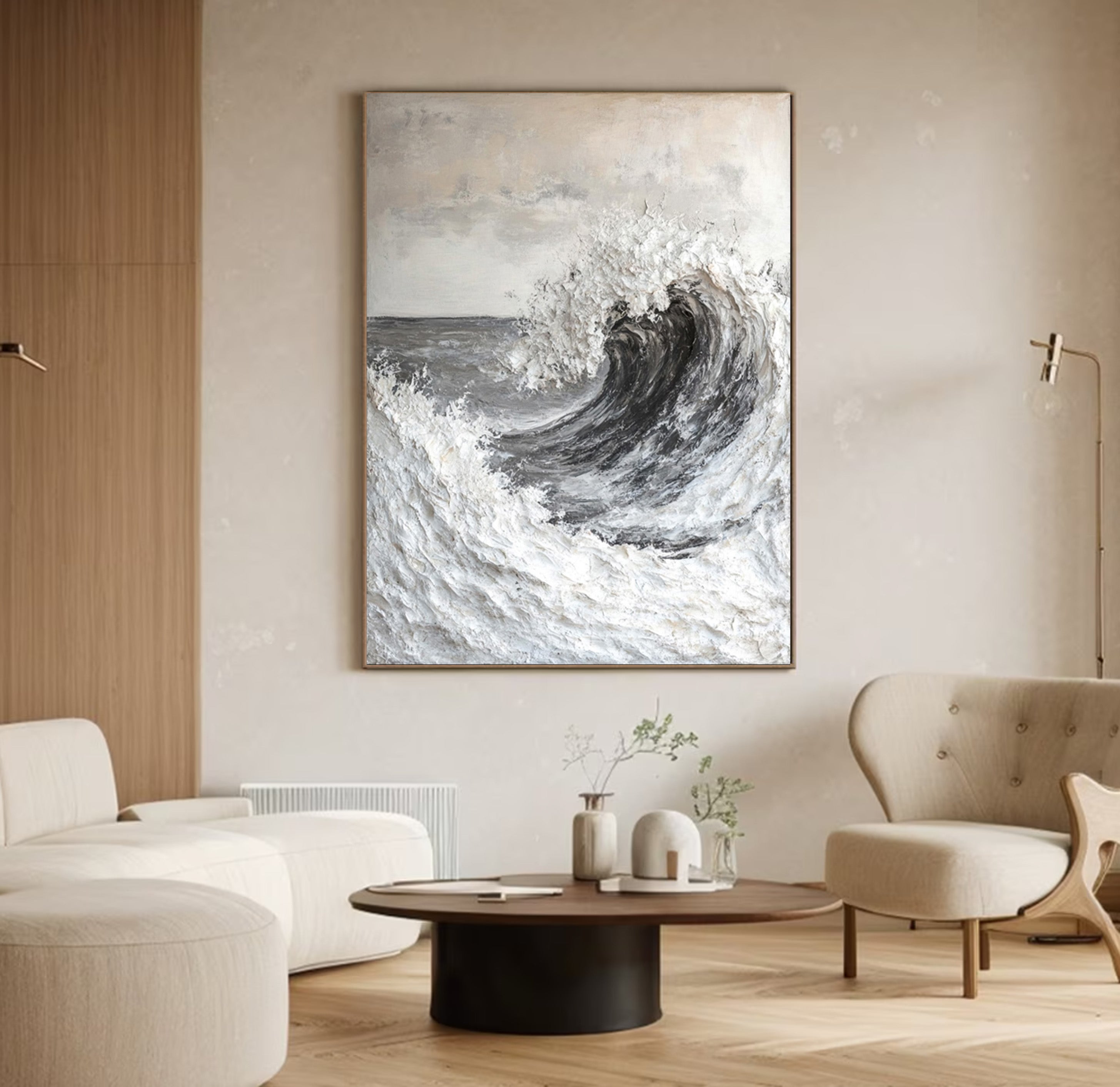 Contemporary Grayscale Ocean Art with Texture Wave #BGA 283