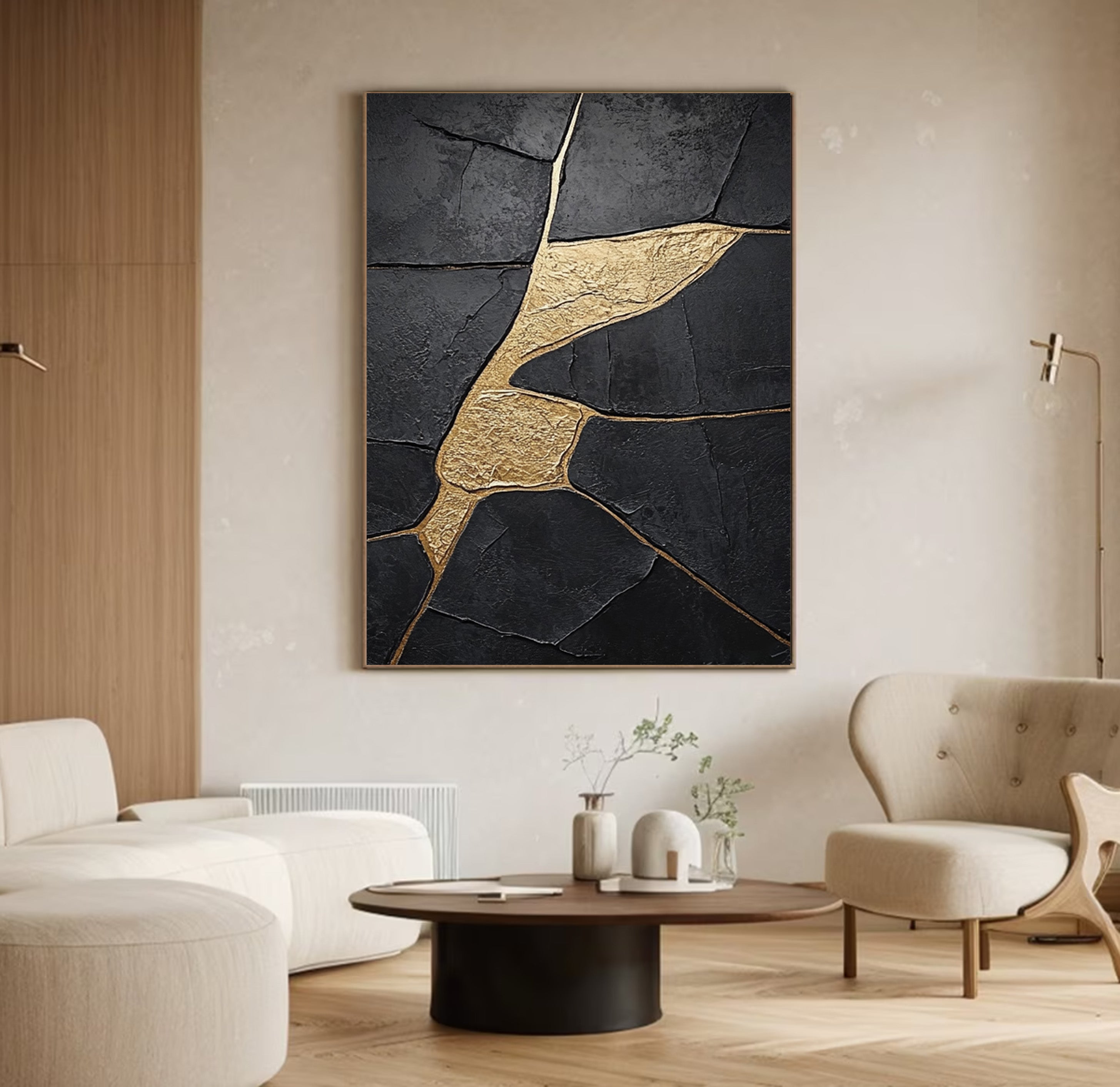 Large Black Abstract with Gold Repair Lines for Modern Home #BGA 272