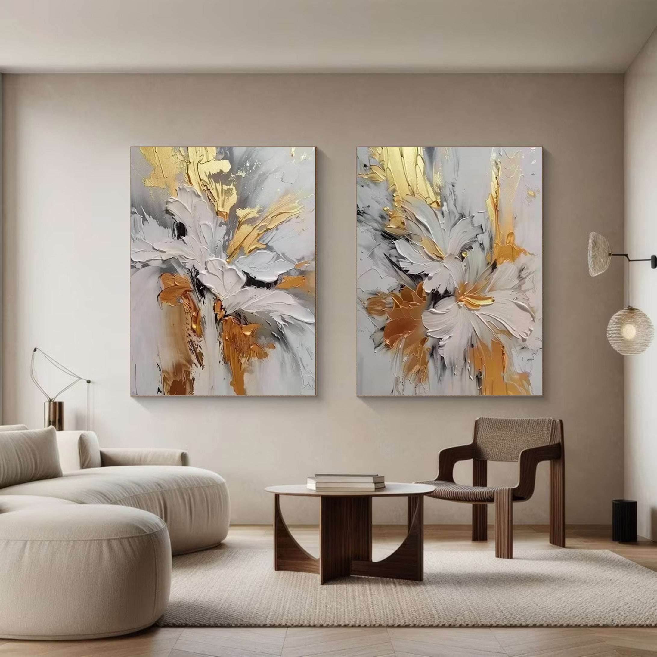 Gilded Bloom: Set of Two 3D Floral Art, Gold Accent Texture #BGA 214