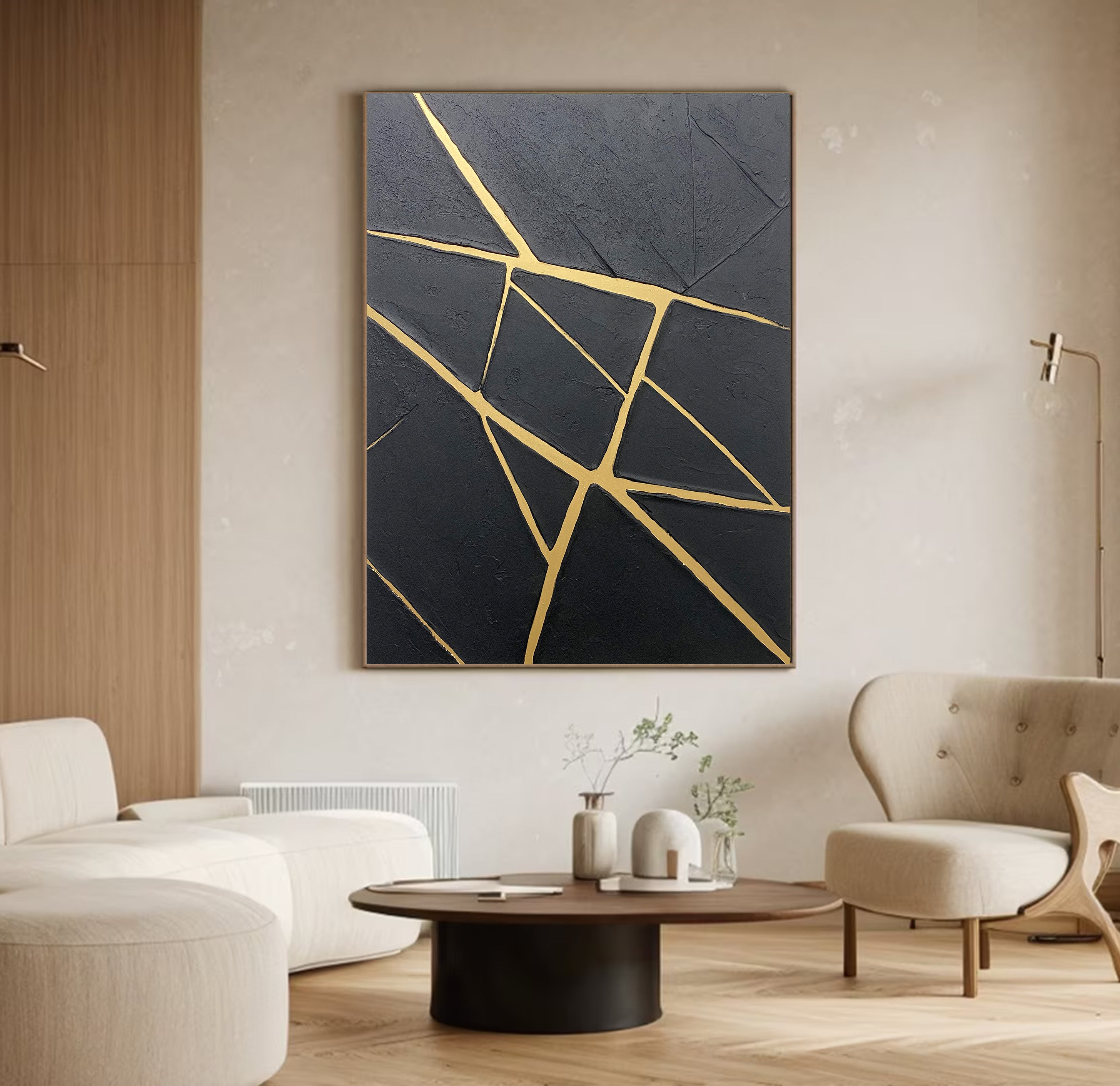 Contemporary Black Impasto with Luminous Linear Gold Markings #BGA 277