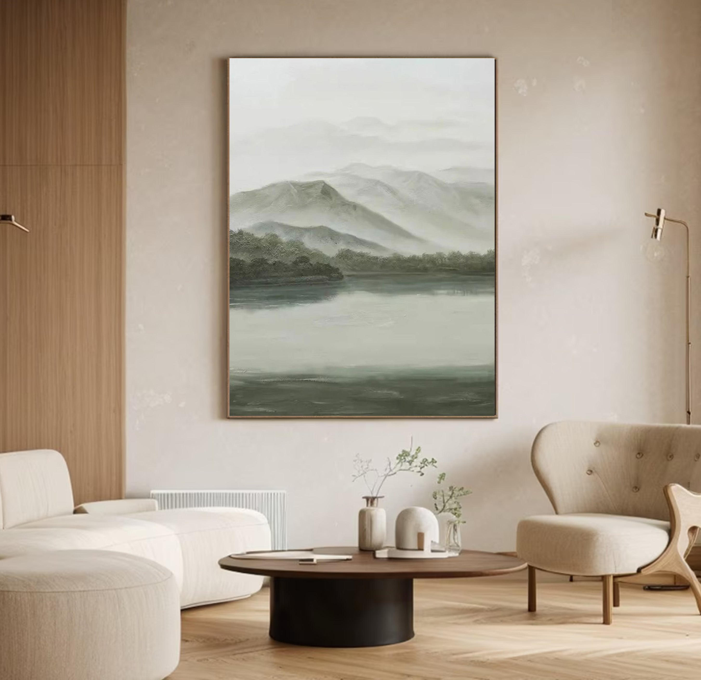 Soft Gray & Green Landscape, Peaceful Mountain Lake Scene #BGA 255