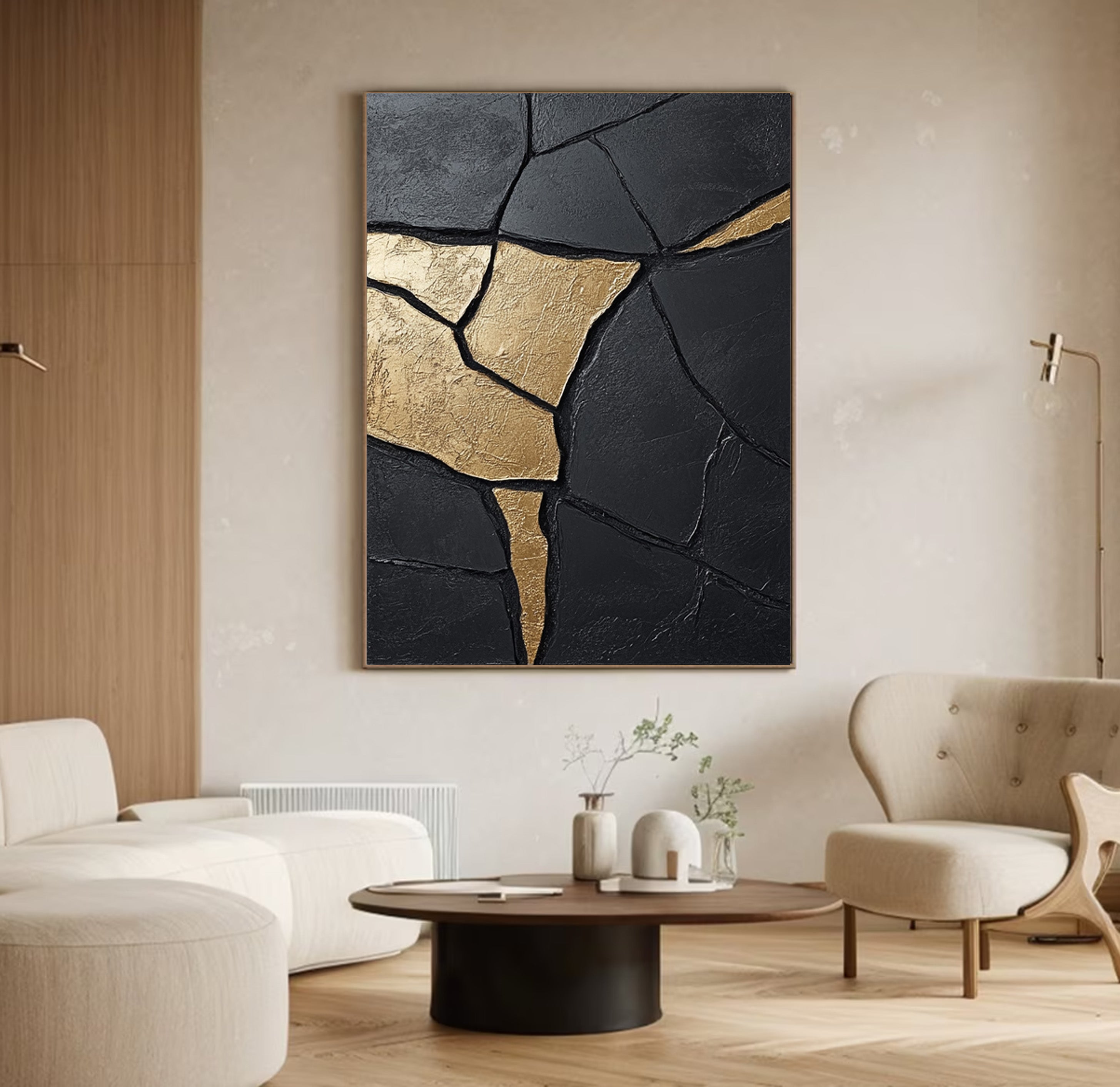 Large Contemporary Black Impasto with Flowing Gold Accents #BGA 271