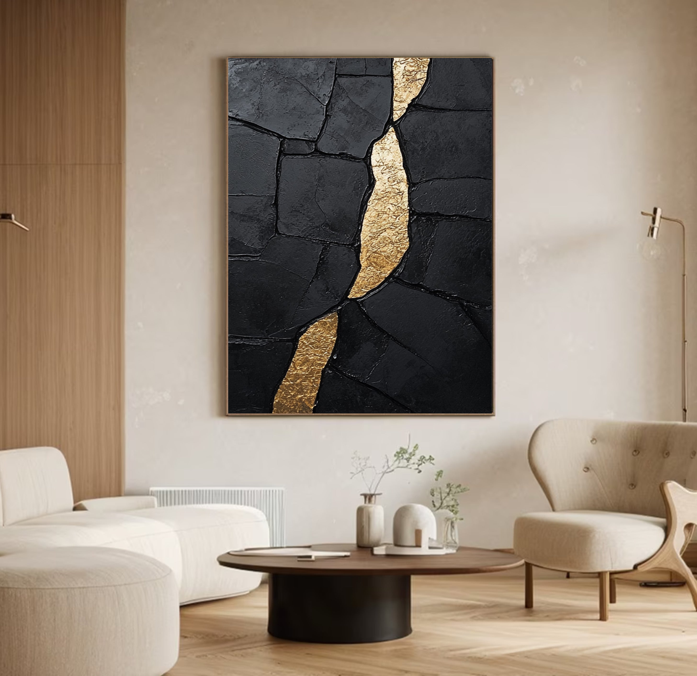 Large Heavily Textured Black and Gold Abstract for Luxe Decor #BGA 273