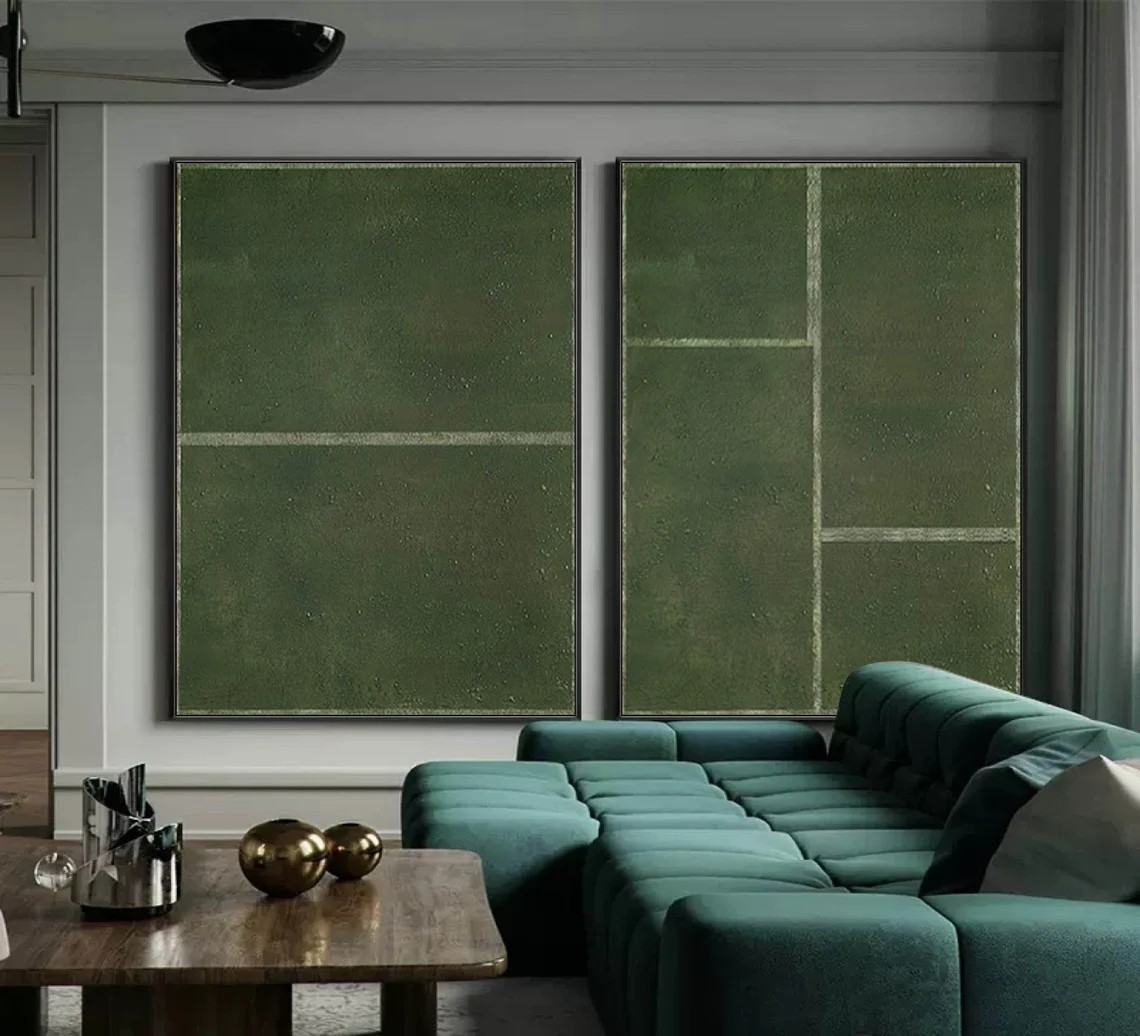 Green Geometric Diptych, Minimalist Abstract Art Set Of 2 #BGA 137