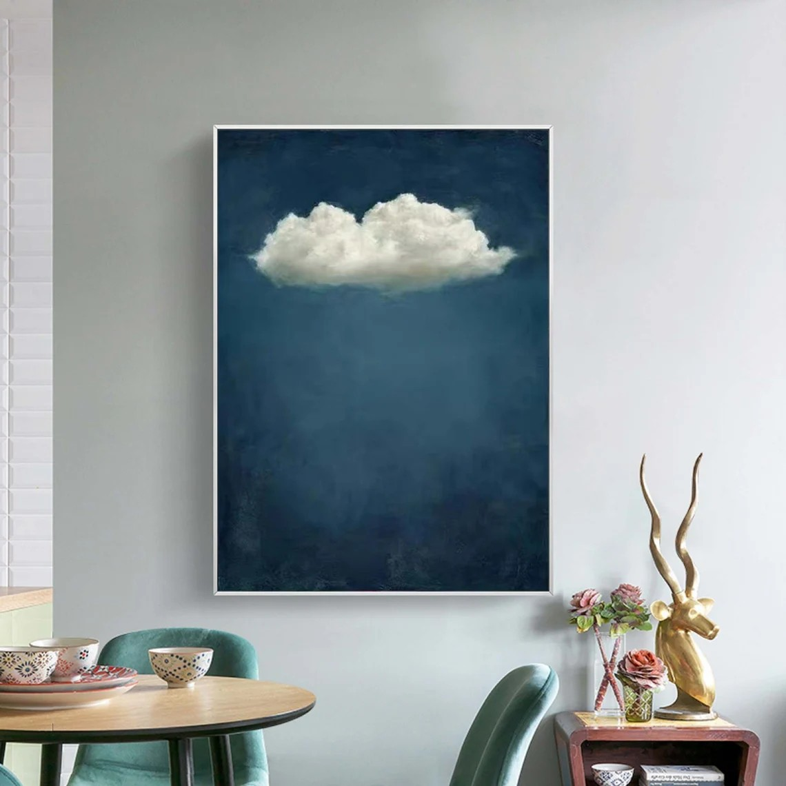 Minimalist Cloudscape Canvas, Deep Emerald Blue Wall Art #BGA 161