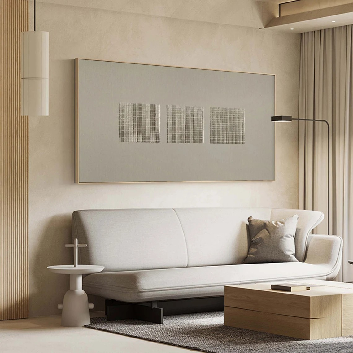 Beige Delicate Line Art Canvas With Minimalist Grid Design #BGA 140