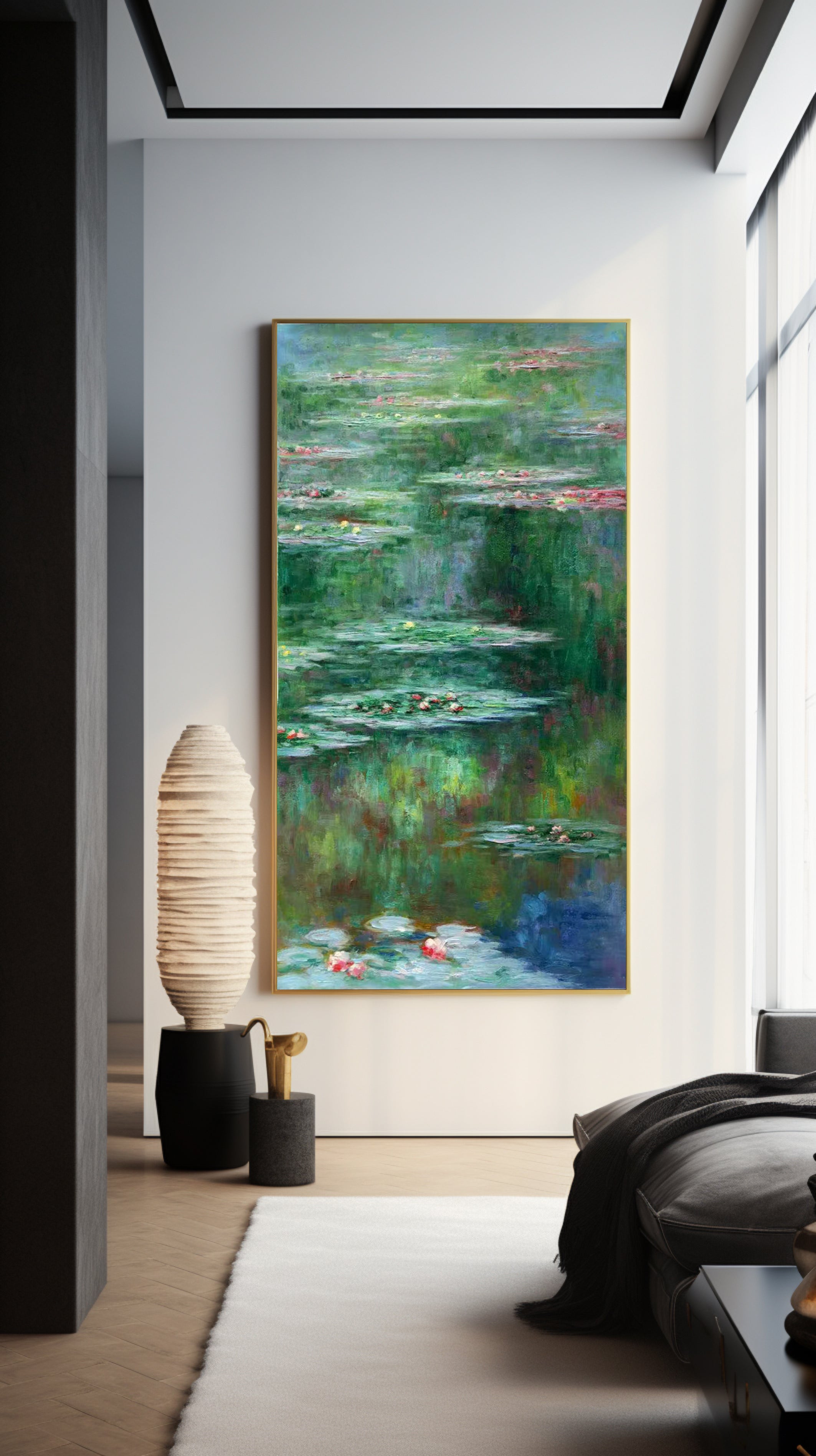 Monet Inspired Water Lilies, Vertical Impressionist Canvas #BGA 172
